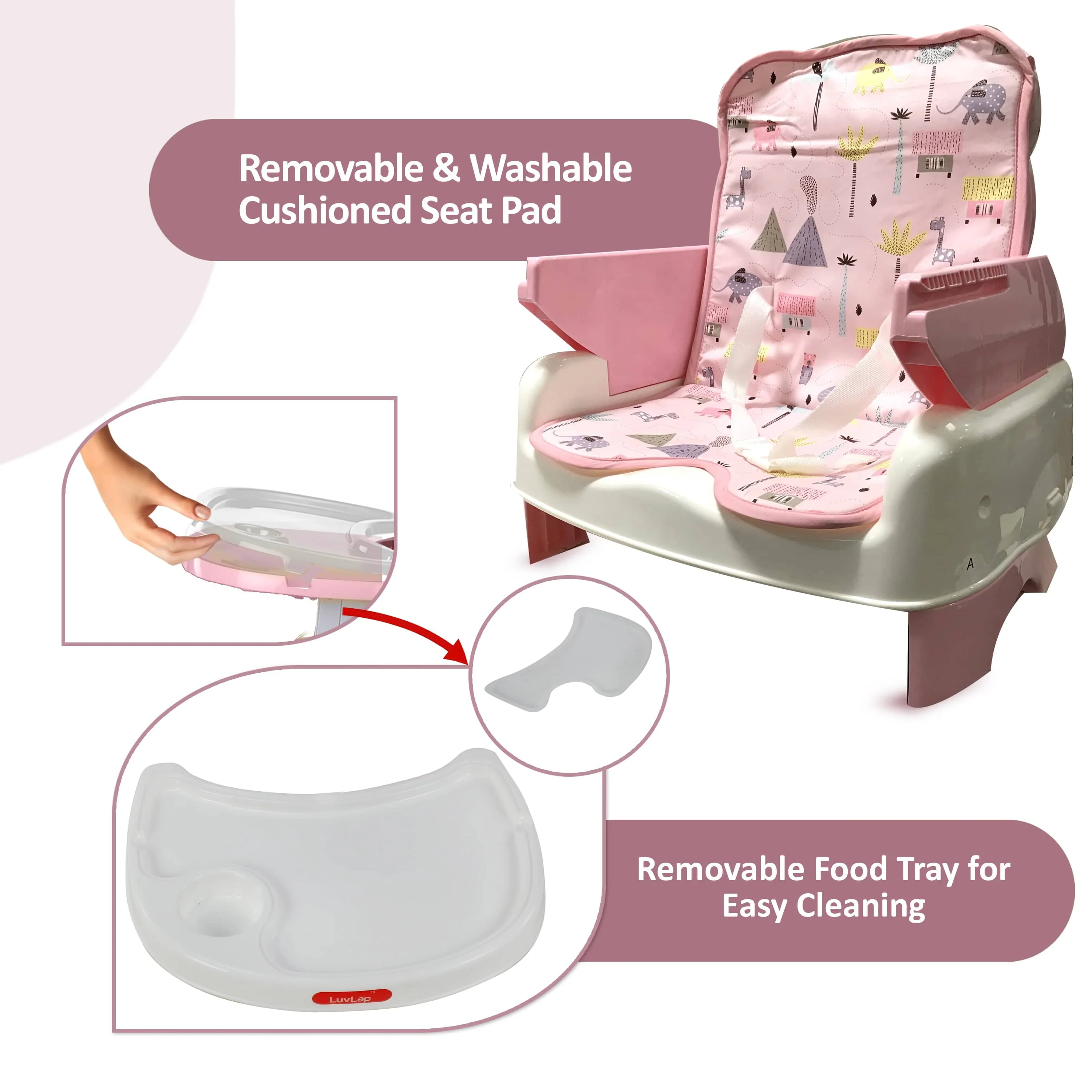 High Chair for Baby/Kids, Toddler Feeding Booster Seat with Wheels, 3 Height adjustments, With Cushion, 6 month to 3 years, Portable (Pink) - Image 6