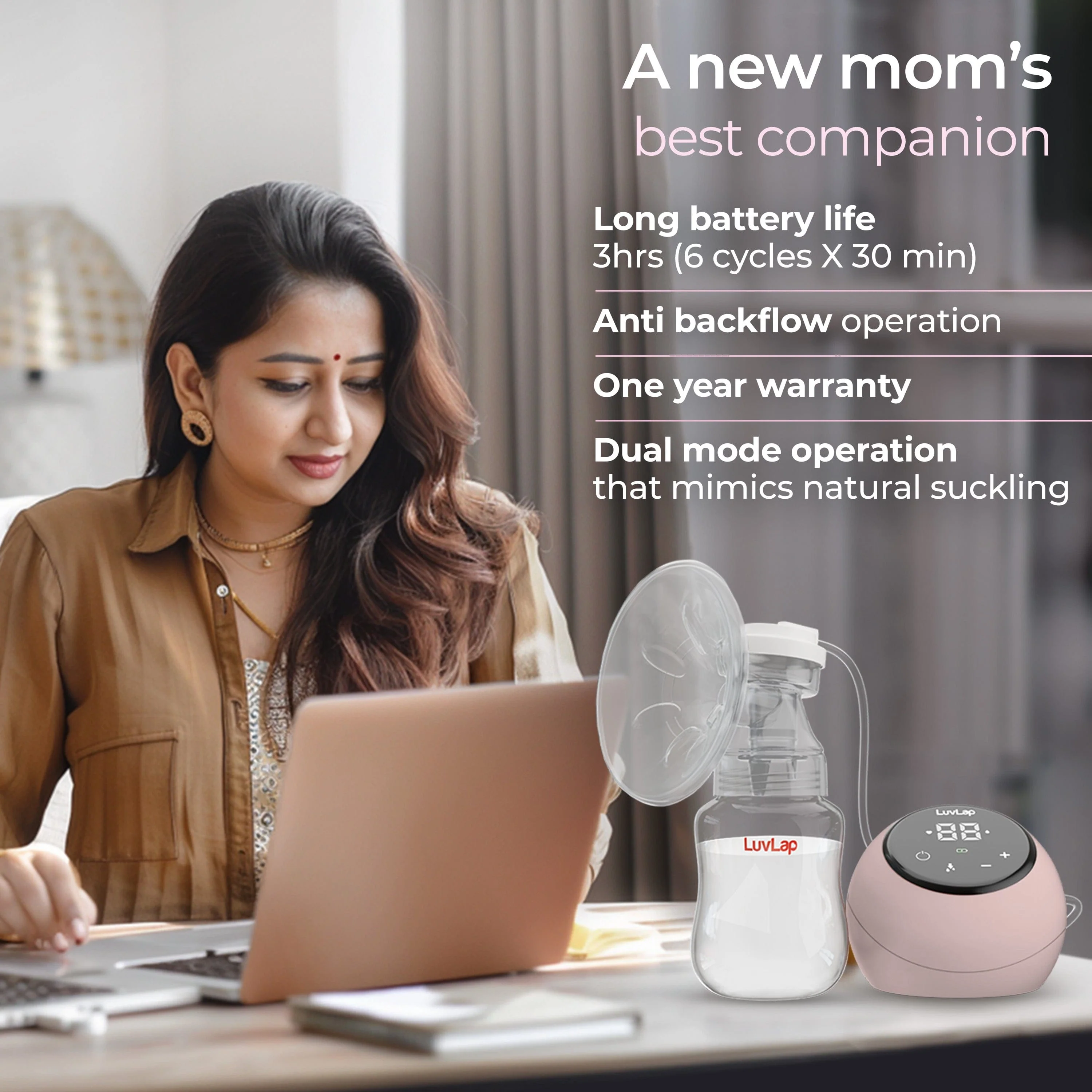 Adore Electric Breast Pump with 2 Phase Pumping, Rechargeable Battery, Digital Touch Screen, Smart Memory, Dual Power Mode, 2pcs Breast pads free, Soft & Gentle, BPA Free - Image 7