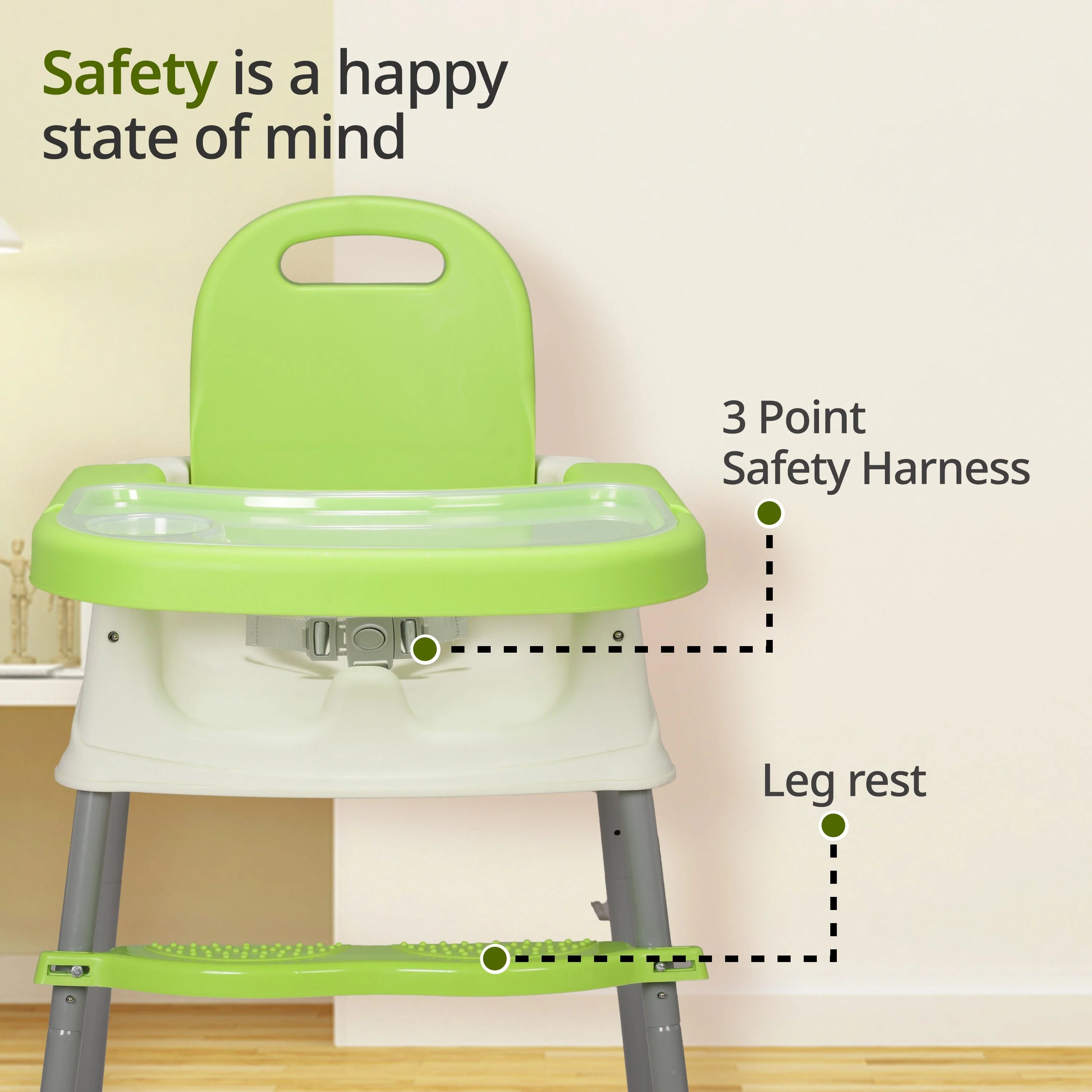 4 in 1 Convertible Baby High Chair with footrest, Convertible to High Chair, Low Chair, & Booster Seat, Essential for Baby Feeding (Green) - Image 5