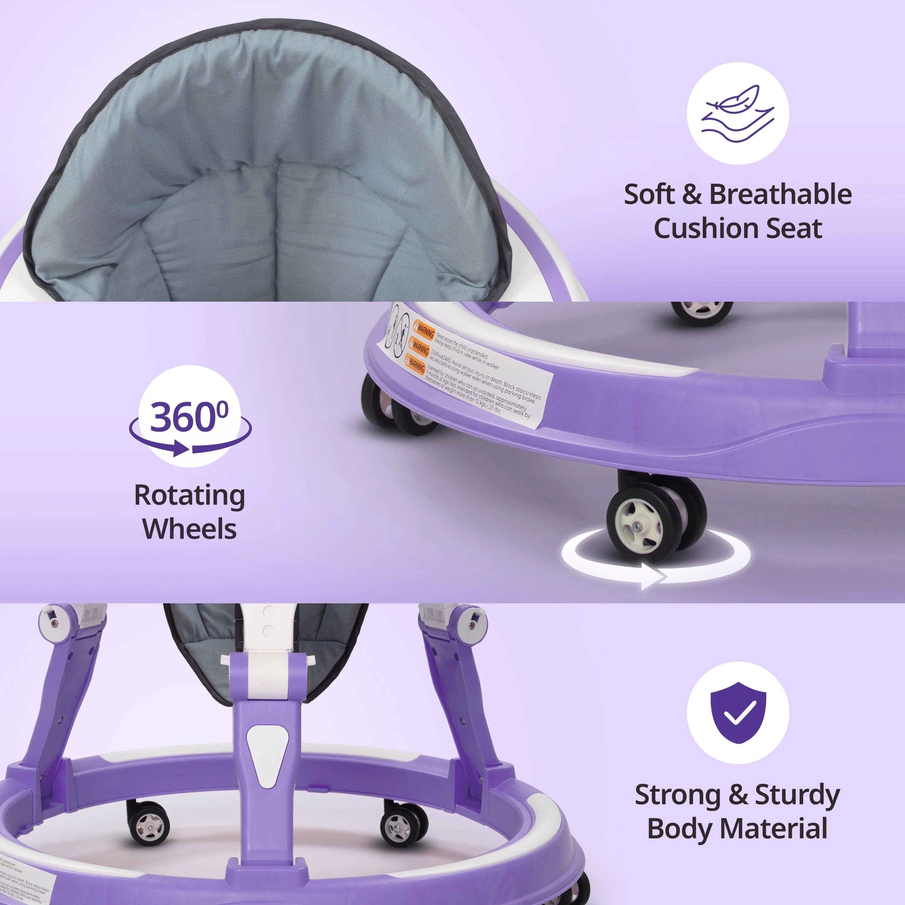 Elegant 360° Baby Walker 9+ Months | 3 Level Height Adjustment Walker/Advanced Baby Activity Walker, Purple - Image 11