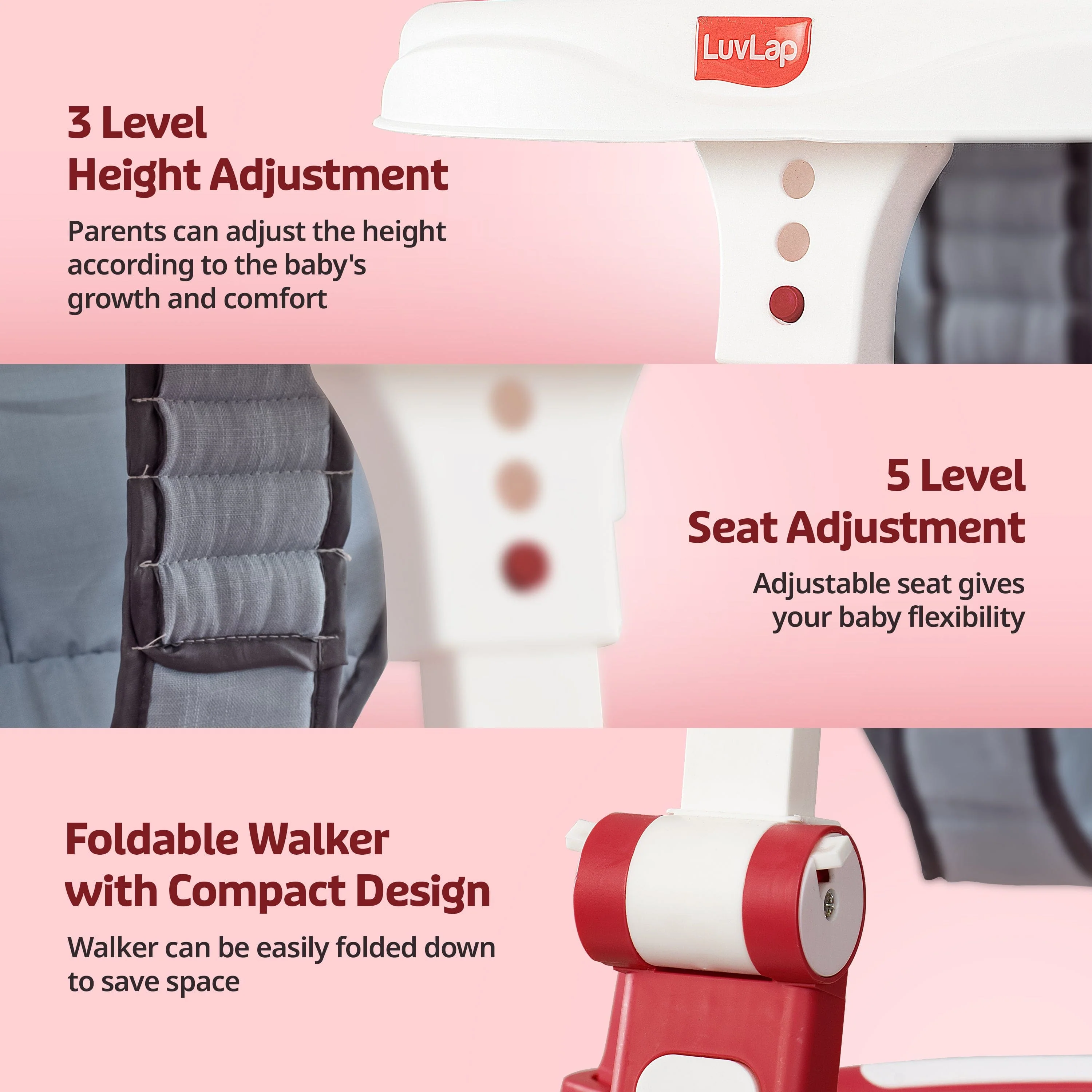 Elegant 360° Baby Walker 9+ Months | 3 Level Height Adjustment Walker/Advanced Baby Activity Walker, Raspberry - Image 10