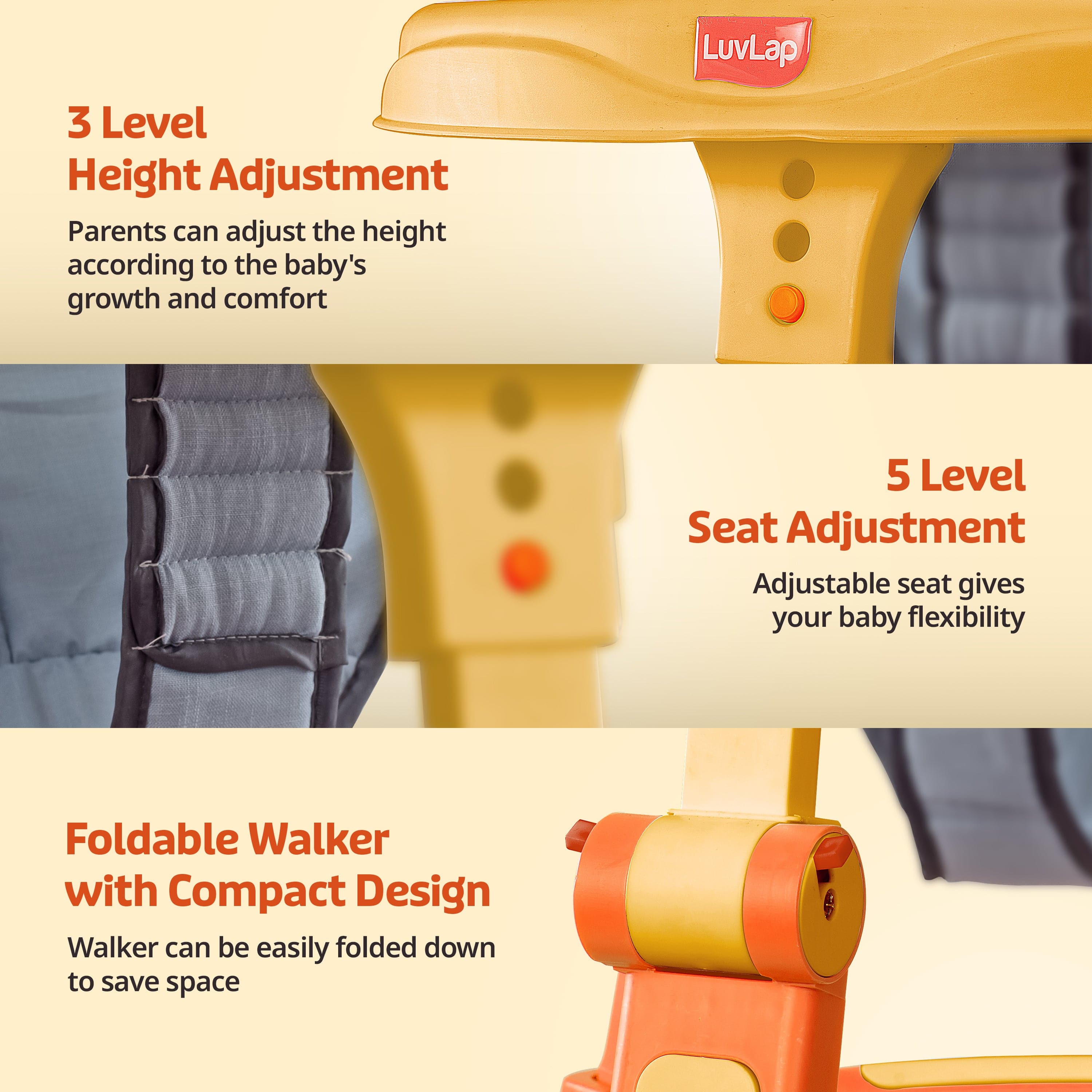 Elegant 360° Baby Walker 9+ Months | 3 Level Height Adjustment Walker/Advanced Baby Activity Walker, Yellow - Image 3