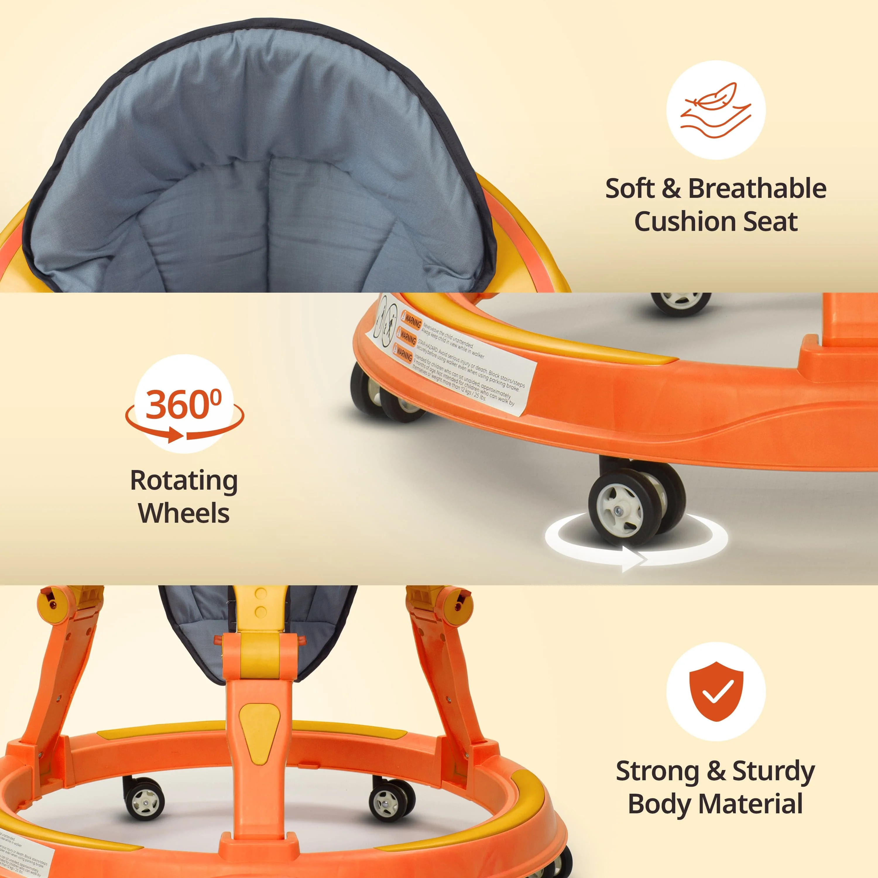 Elegant 360° Baby Walker 9+ Months | 3 Level Height Adjustment Walker/Advanced Baby Activity Walker, Yellow - Image 4
