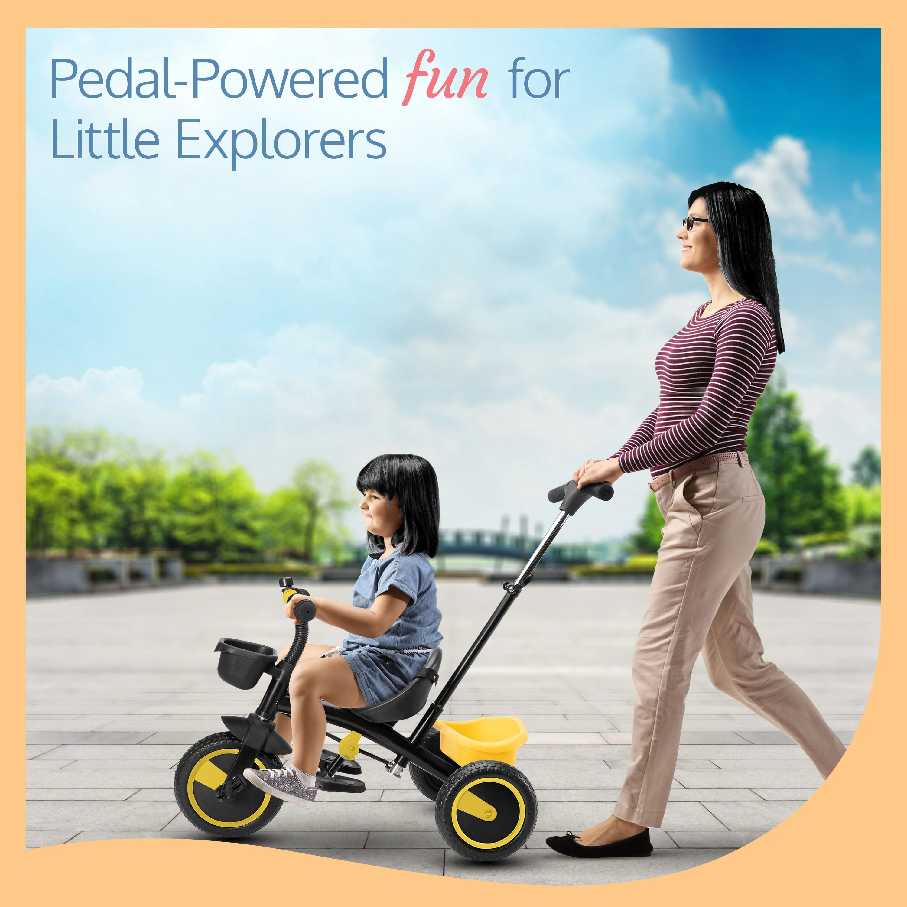 Elegant Lite Kids' Tricycle with Push Bar - Yellow - Image 3