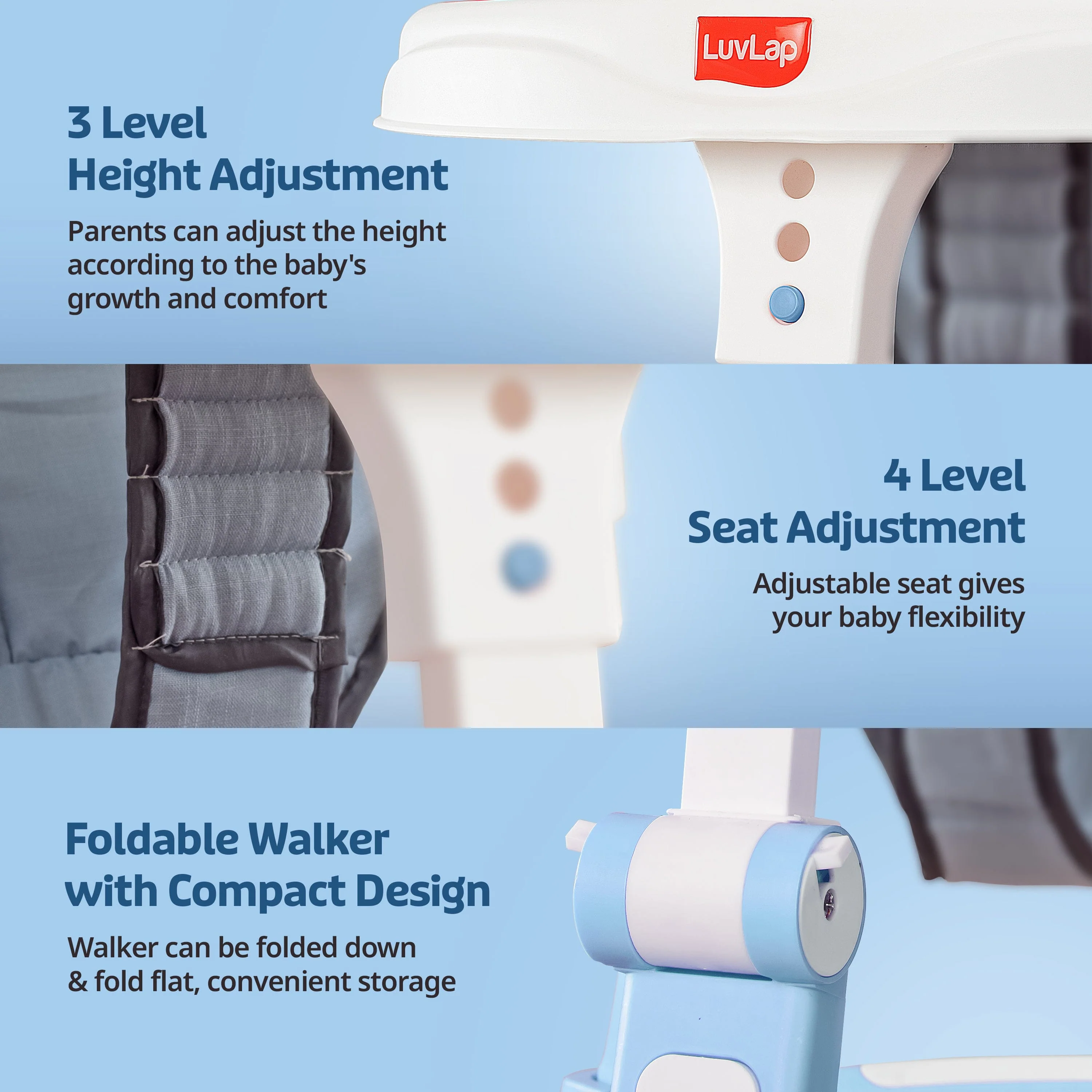 360° Joy Baby Walker for 9+ Months | 3 Level Height Adjustment Walker with Switchable Food & Musical Toy Tray/Advanced Baby Activity Walker, Blue - Image 3