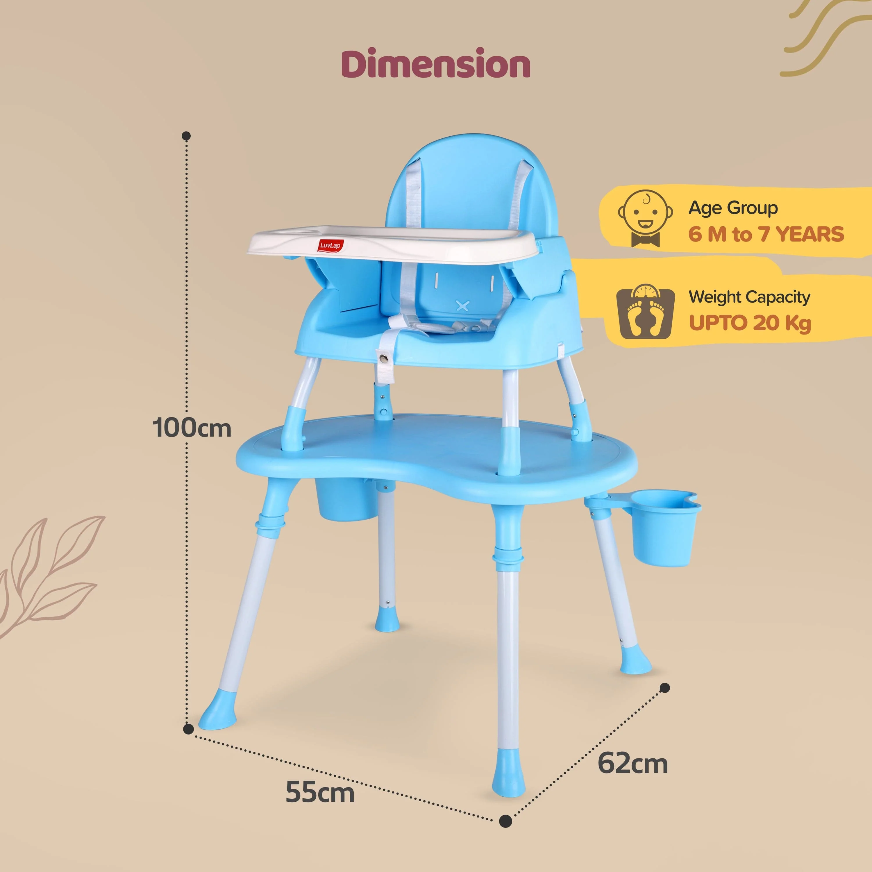 4 in 1 Convertible Baby High Chair with 3 Point Safety Belts, High Chair, Low Chair, Booster Chair and Table for Baby, Removable & Washable Food Tray 6 Months+ (Blue) - Image 6