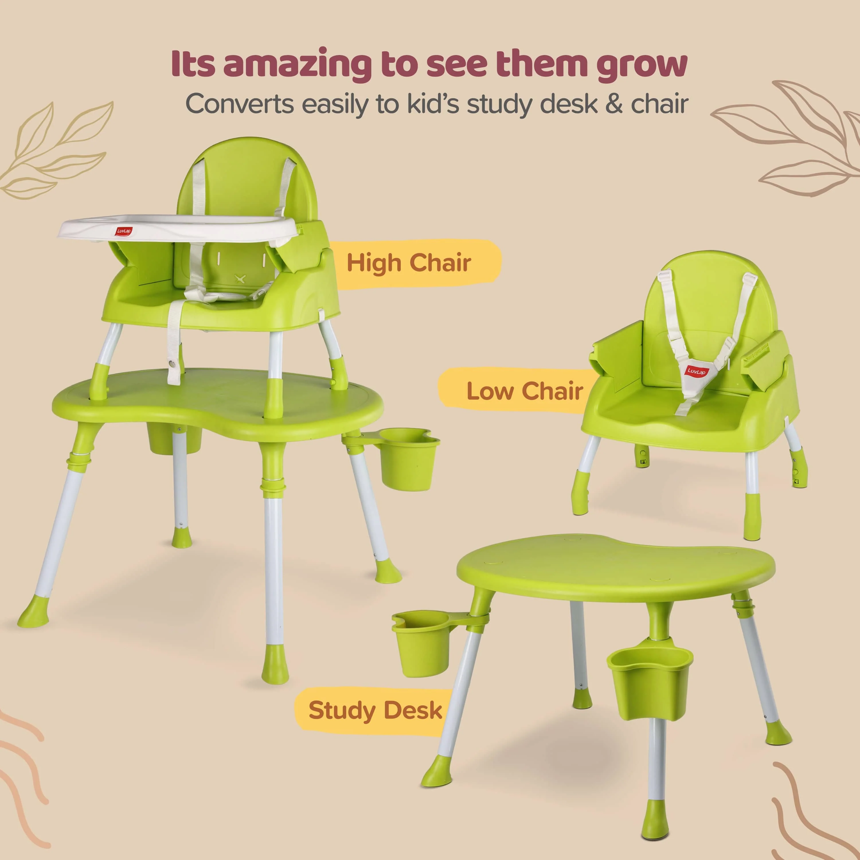 4 in 1 Convertible Baby High Chair with 3 point Safety belts, High Chair, Low Chair, Booster Chair and Table for baby, Removable & washable food tray 6 months+ (Green) - Image 3