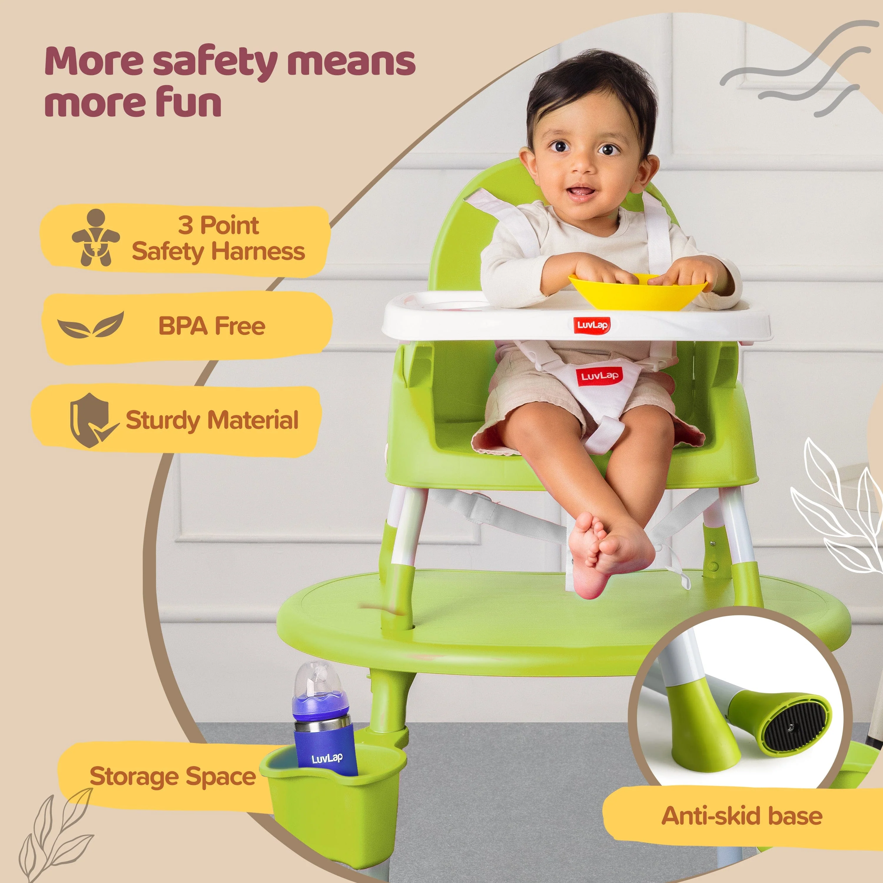 4 in 1 Convertible Baby High Chair with 3 point Safety belts, High Chair, Low Chair, Booster Chair and Table for baby, Removable & washable food tray 6 months+ (Green) - Image 4