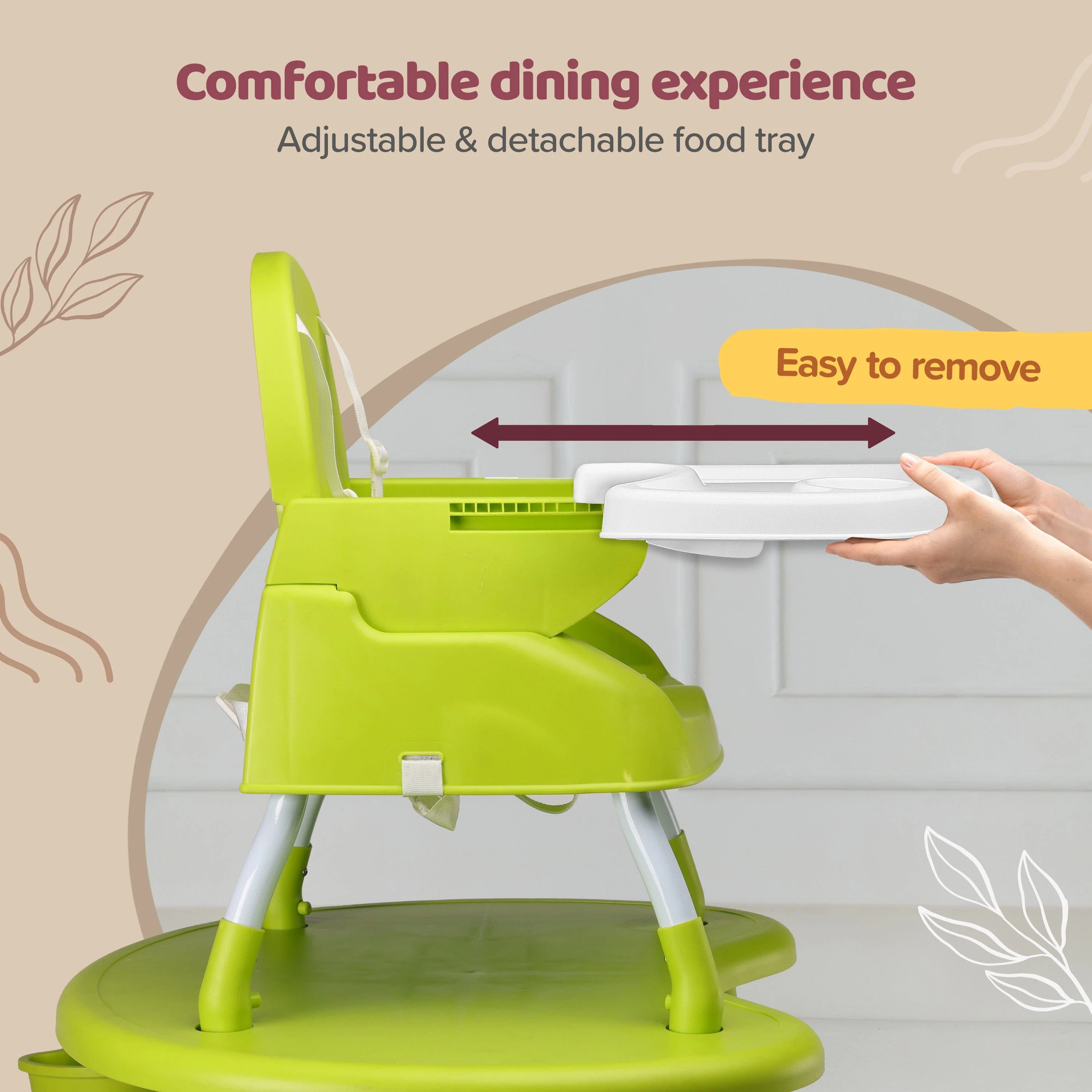 4 in 1 Convertible Baby High Chair with 3 point Safety belts, High Chair, Low Chair, Booster Chair and Table for baby, Removable & washable food tray 6 months+ (Green) - Image 5