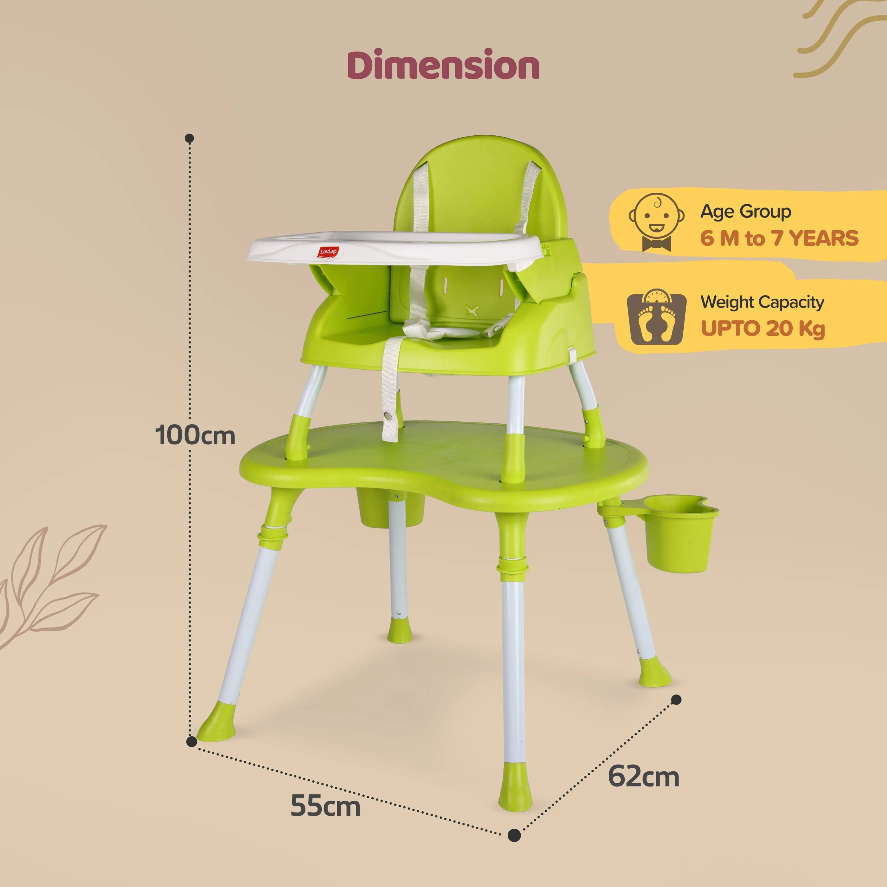 4 in 1 Convertible Baby High Chair with 3 point Safety belts, High Chair, Low Chair, Booster Chair and Table for baby, Removable & washable food tray 6 months+ (Green) - Image 6