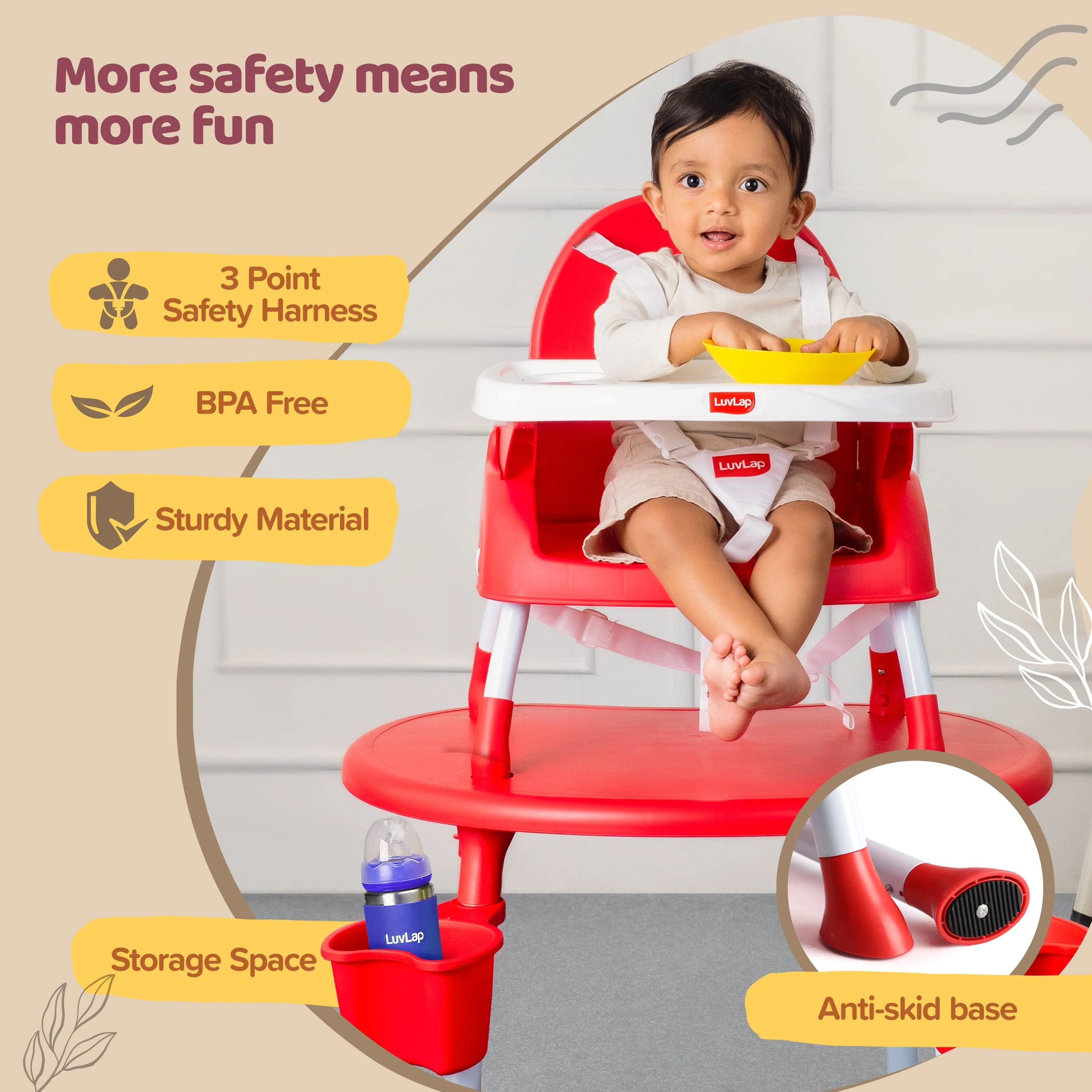 4 in 1 Convertible Baby High Chair with 3 Point Safety Belts, High Chair, Low Chair, Booster Chair and Table for Baby, Removable & Washable Food Tray 6 Months+ (Red) - Image 4