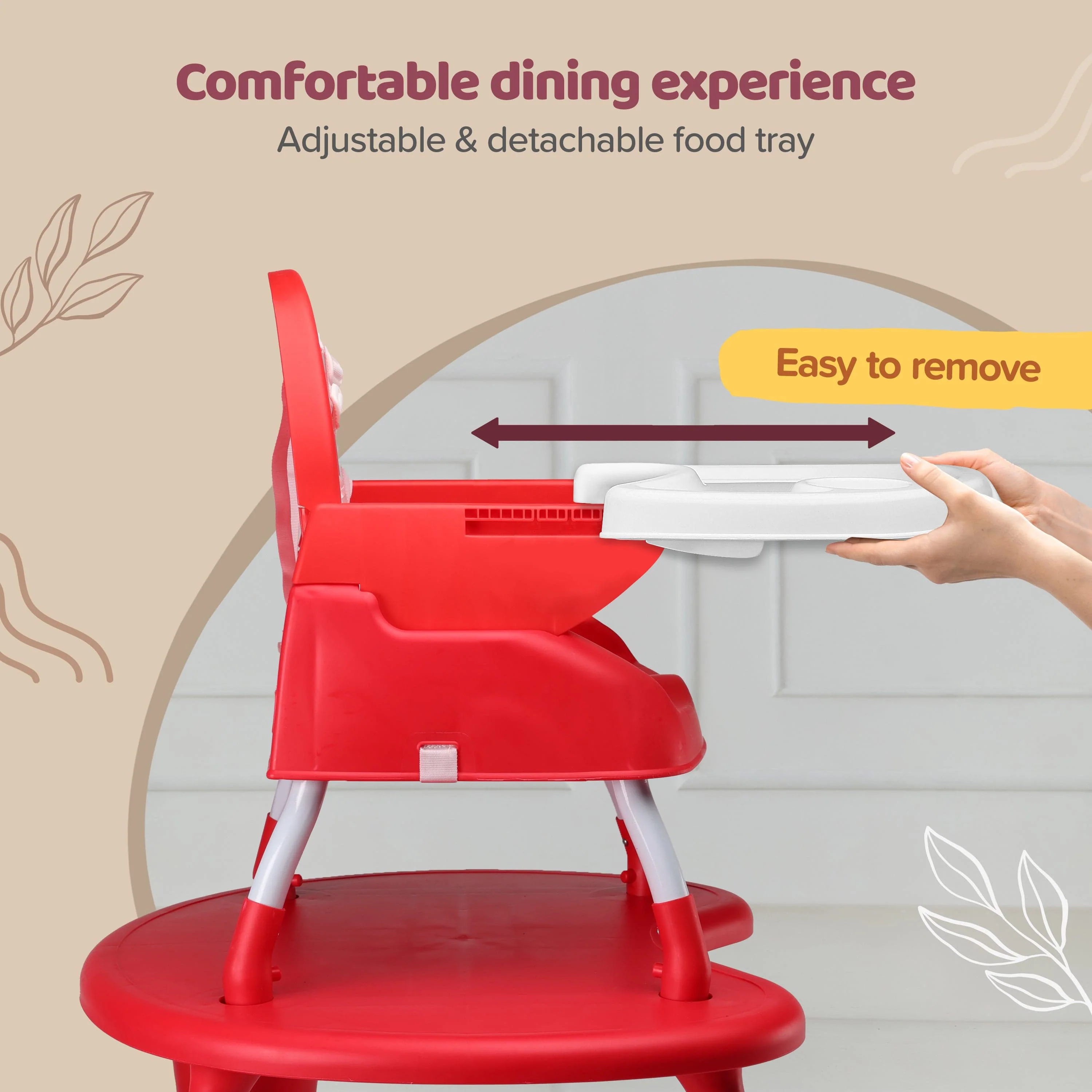 4 in 1 Convertible Baby High Chair with 3 Point Safety Belts, High Chair, Low Chair, Booster Chair and Table for Baby, Removable & Washable Food Tray 6 Months+ (Red) - Image 5