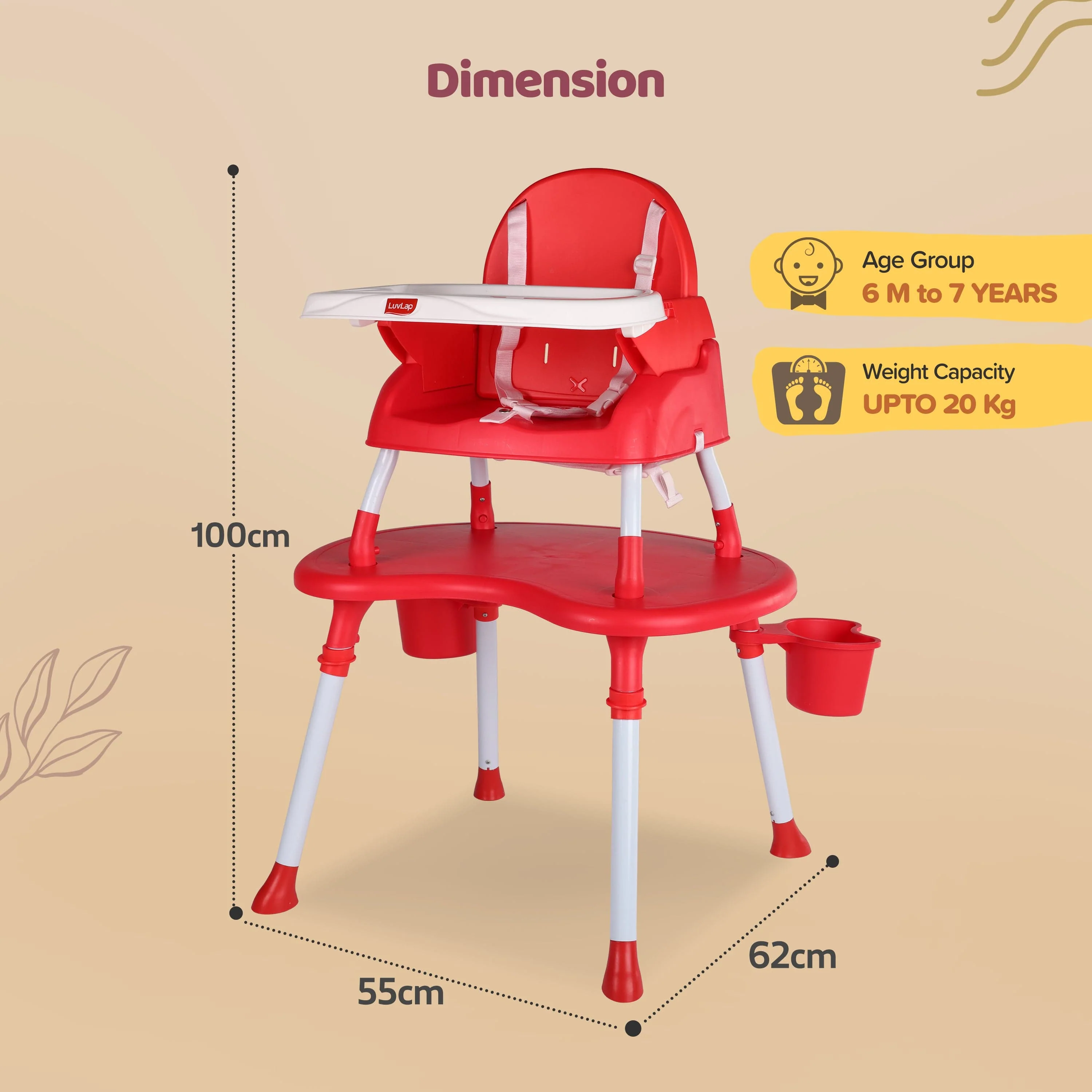 4 in 1 Convertible Baby High Chair with 3 Point Safety Belts, High Chair, Low Chair, Booster Chair and Table for Baby, Removable & Washable Food Tray 6 Months+ (Red) - Image 6