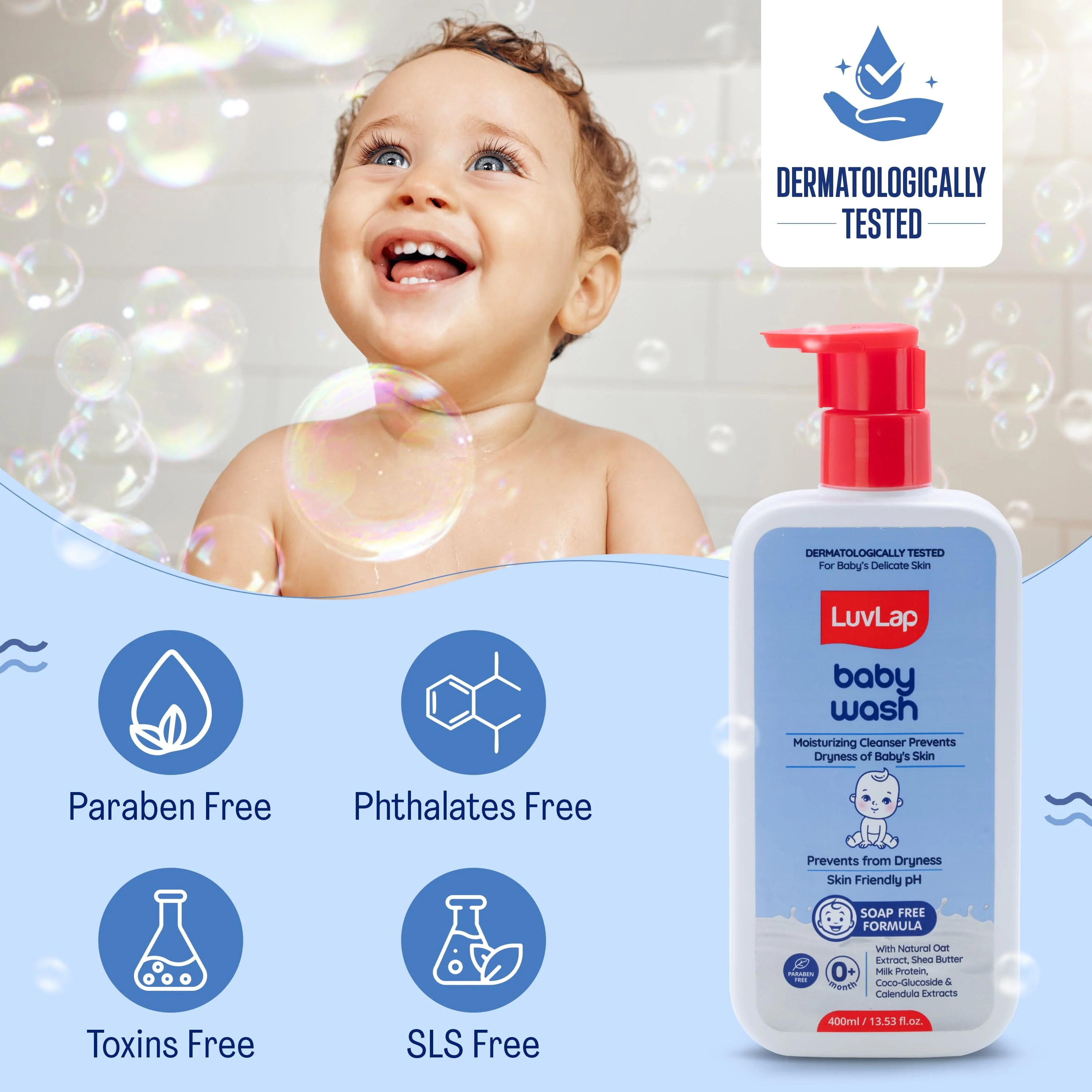 LuvLap Baby Wash - 400ml, with Milk Protein, Oatmeal, Shea Butter and Vitamin E, Soap Free, Baby Wash for Baby Bath, Natural, pH Balanced & Paraben Free, Dermatologically Tested - Image 6