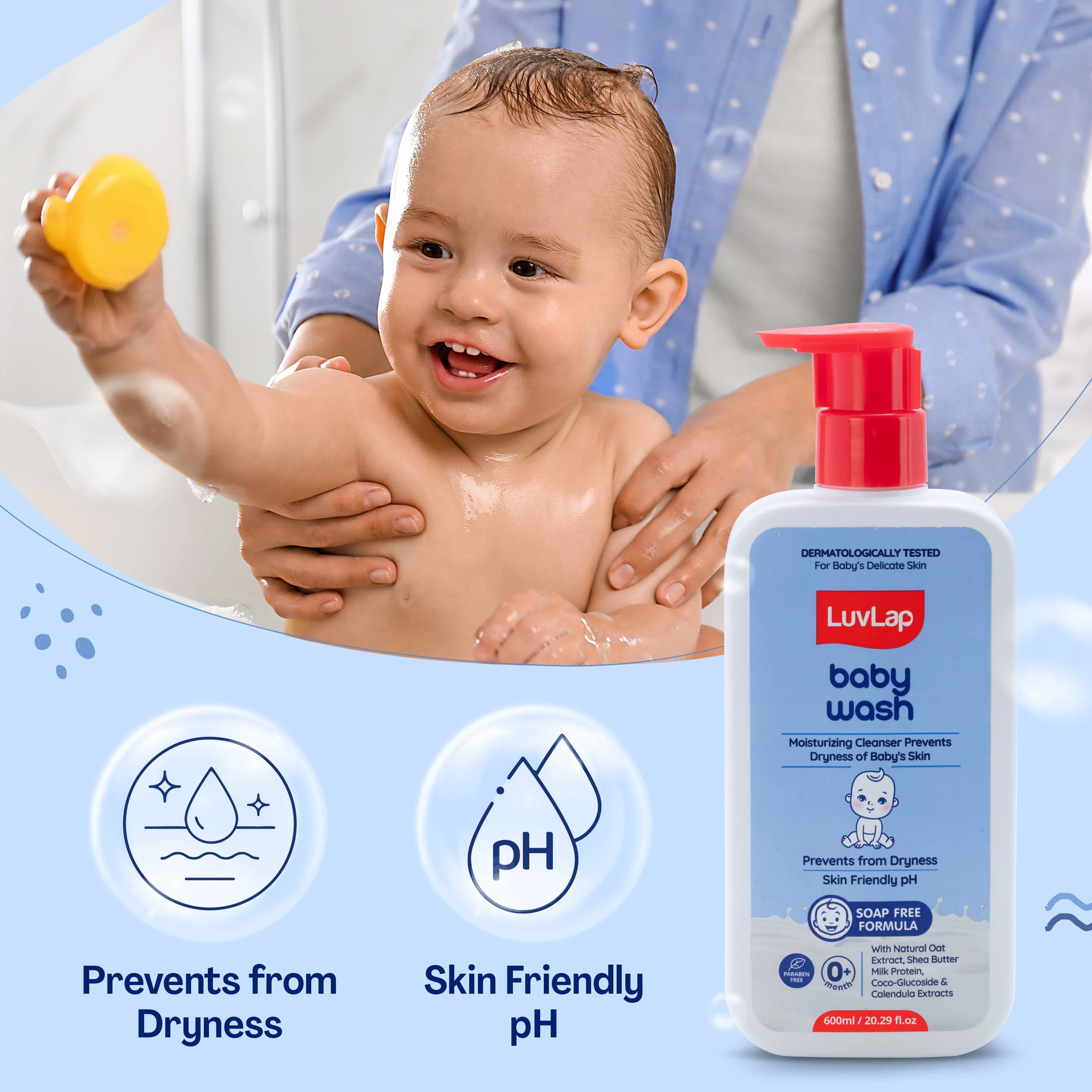 LuvLap Baby Wash - 600ml, with Milk Protein, Oatmeal, Shea Butter and Vitamin E, Soap Free, Baby Wash for Baby Bath, Natural, pH Balanced & Paraben Free, Dermatologically Tested - Image 3