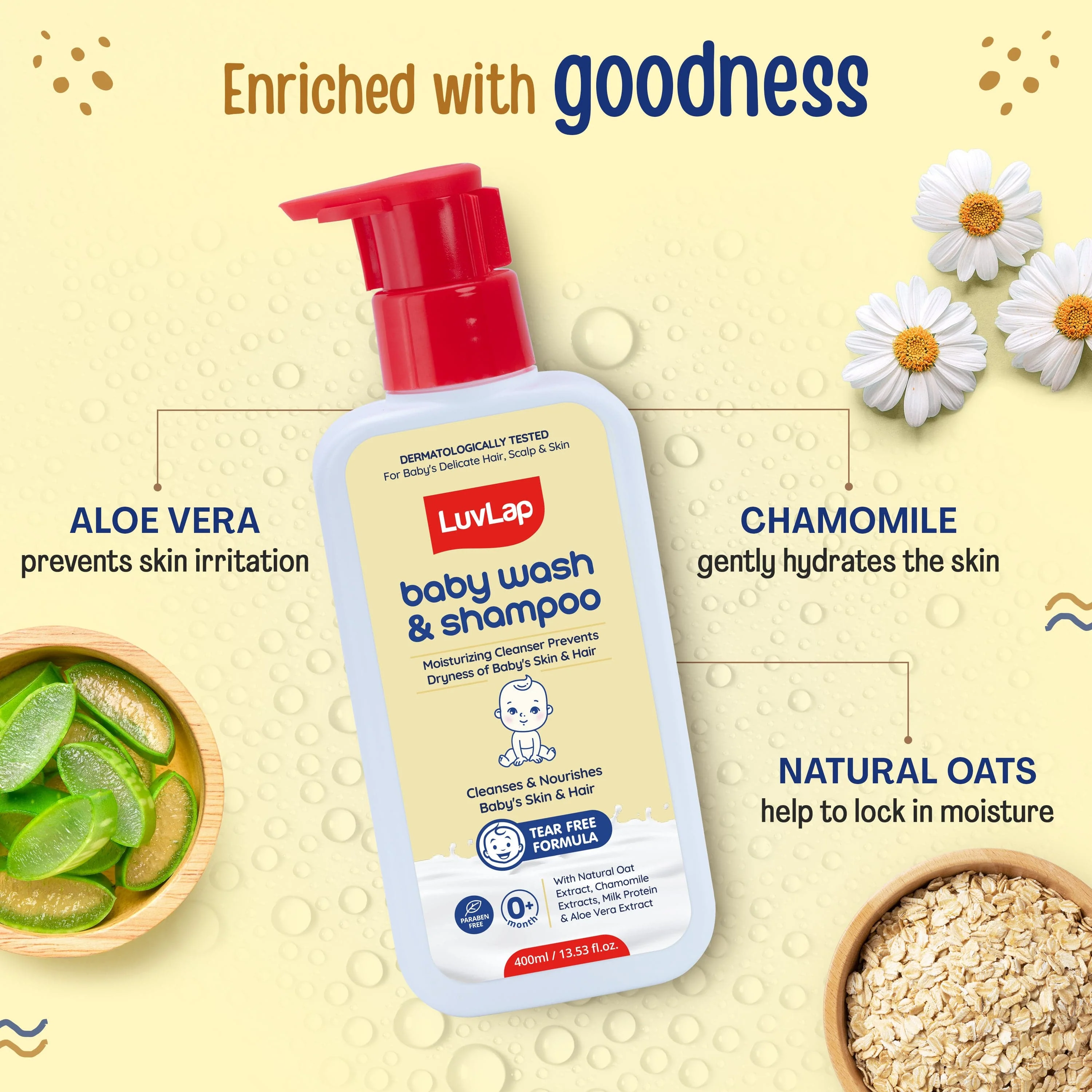 LuvLap Baby Wash & Shampoo - 400ml with Chamomile, Milk Protein, Oatmeal & Shea Butter, Paraben Free, Tear Free, Soap Free, Rich Moisturised Skin & Soft Hair, Baby Body Wash, Dermatologically Tested - Image 4