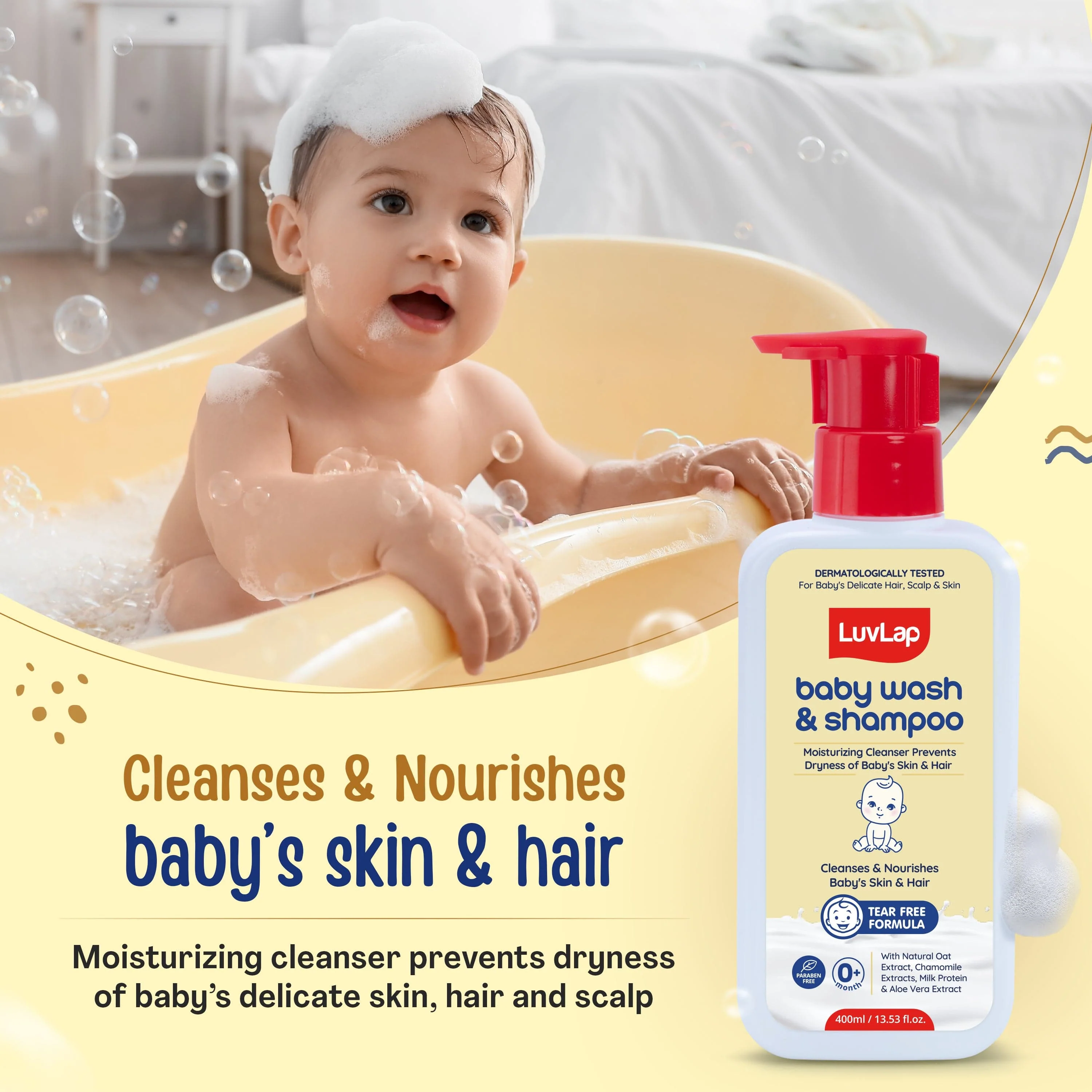 LuvLap Baby Wash & Shampoo - 400ml with Chamomile, Milk Protein, Oatmeal & Shea Butter, Paraben Free, Tear Free, Soap Free, Rich Moisturised Skin & Soft Hair, Baby Body Wash, Dermatologically Tested - Image 5