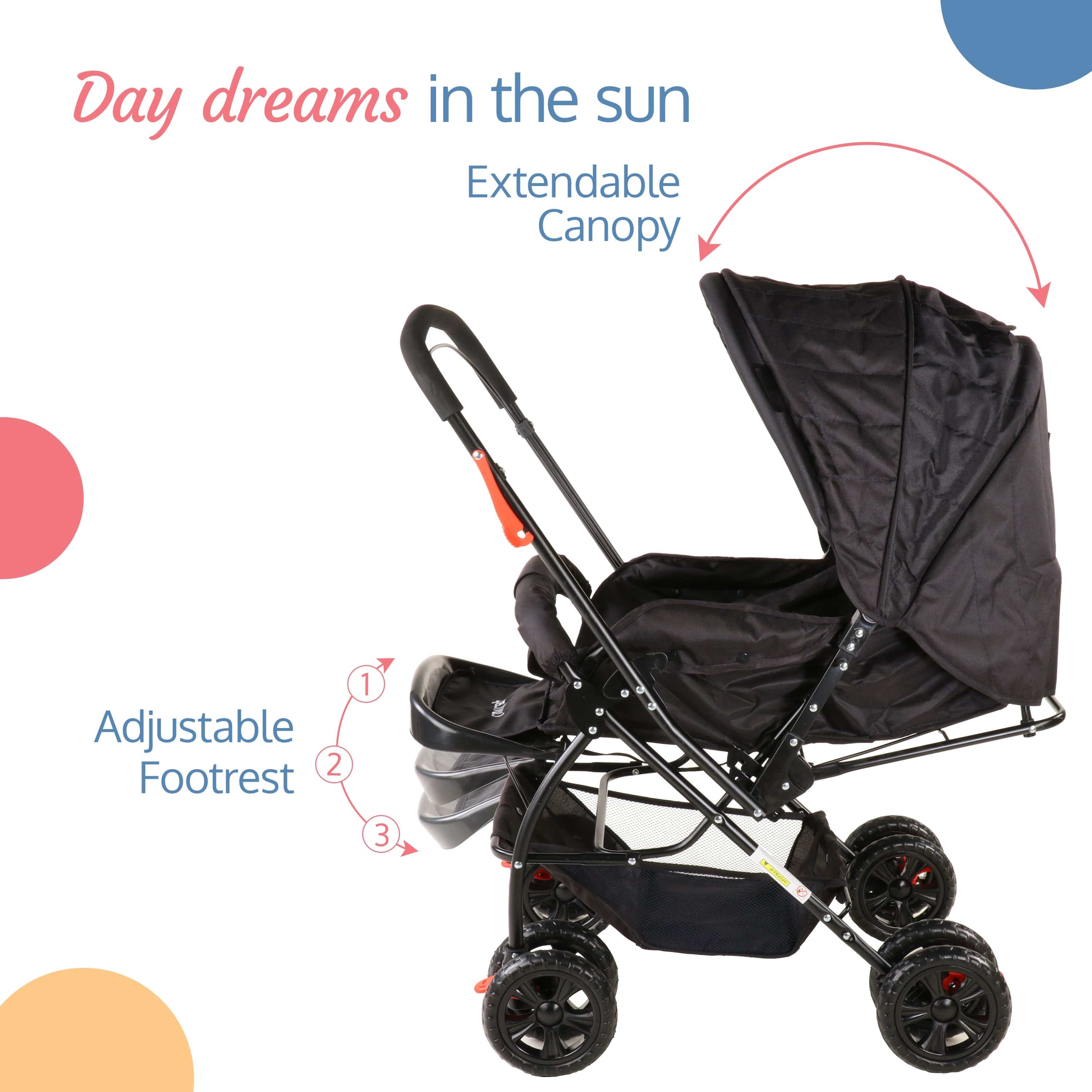Starshine Baby Stroller/Pram for 0 to 3 Years, New Born/Toddler/Kid, Lightweight, Adjustable backrest, 360° Swivel Wheel, Large Storage Basket, Reversible Handlebar (Black) - Image 4
