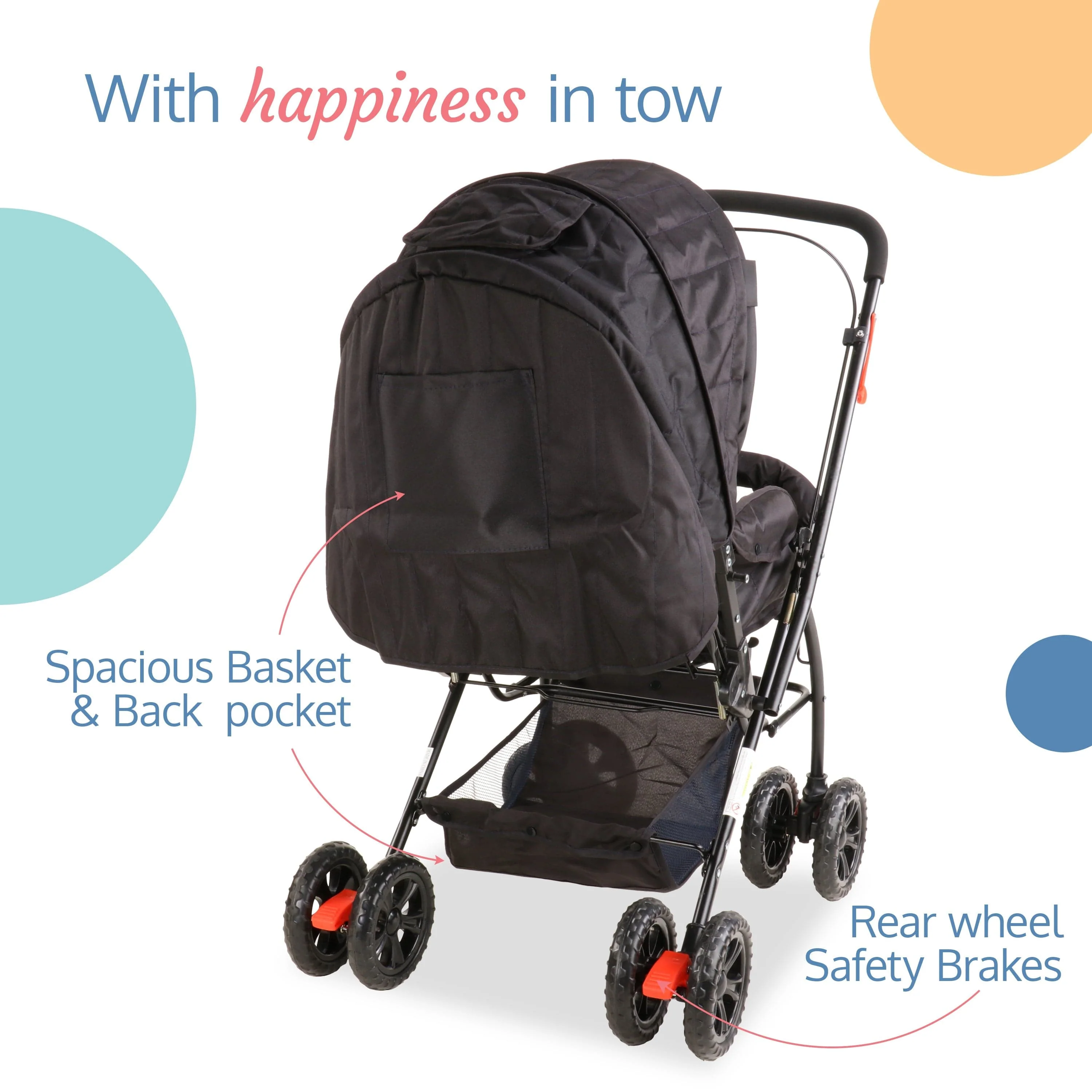 Starshine Baby Stroller/Pram for 0 to 3 Years, New Born/Toddler/Kid, Lightweight, Adjustable backrest, 360° Swivel Wheel, Large Storage Basket, Reversible Handlebar (Black) - Image 6