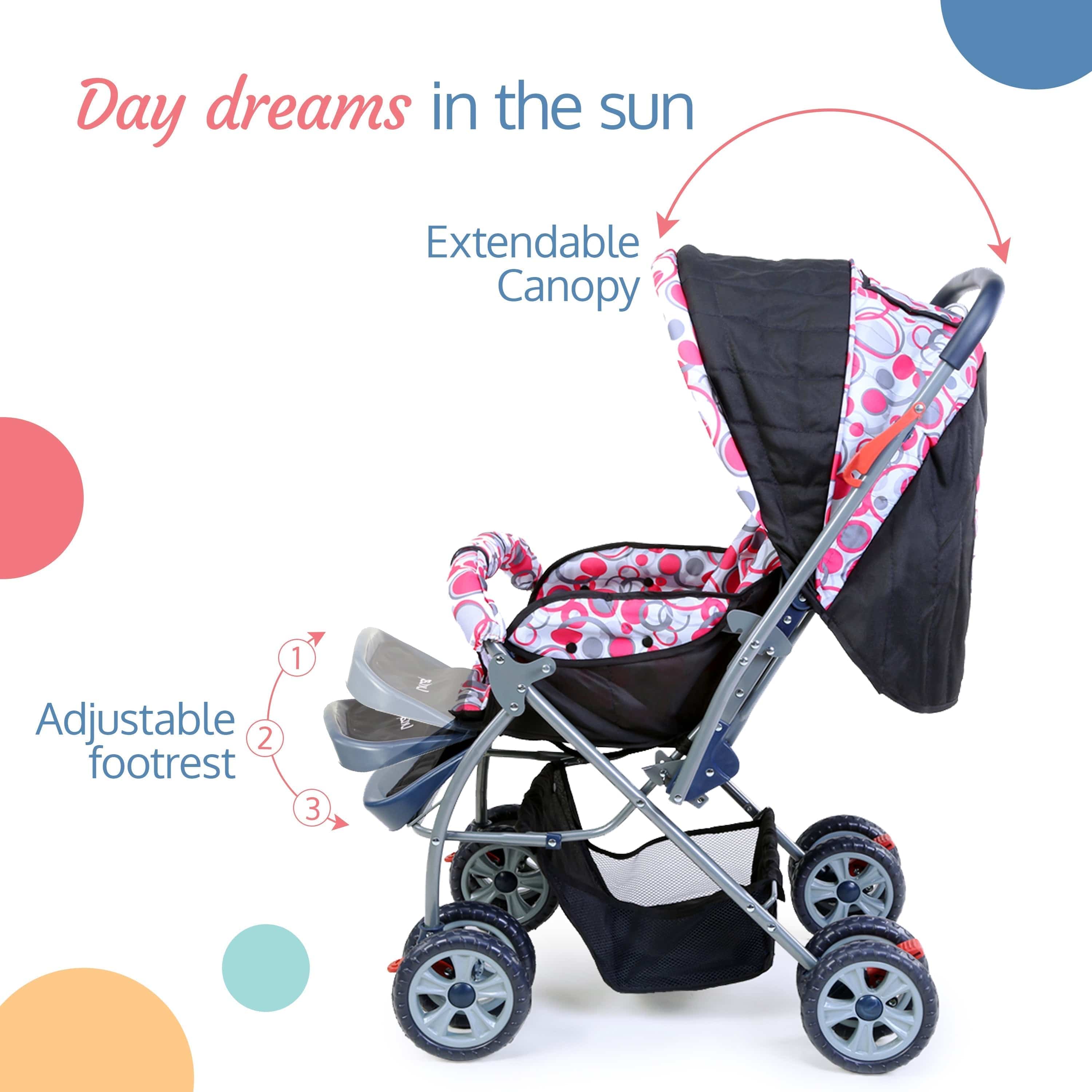 Starshine Baby Stroller / Pram for 0 to 3 Years, New Born / Toddler / Kid, Lightweight, Adjustable backrest, 360° Swivel Wheel, Large storage basket, Reversible Handlebar (Light Red) - Image 4