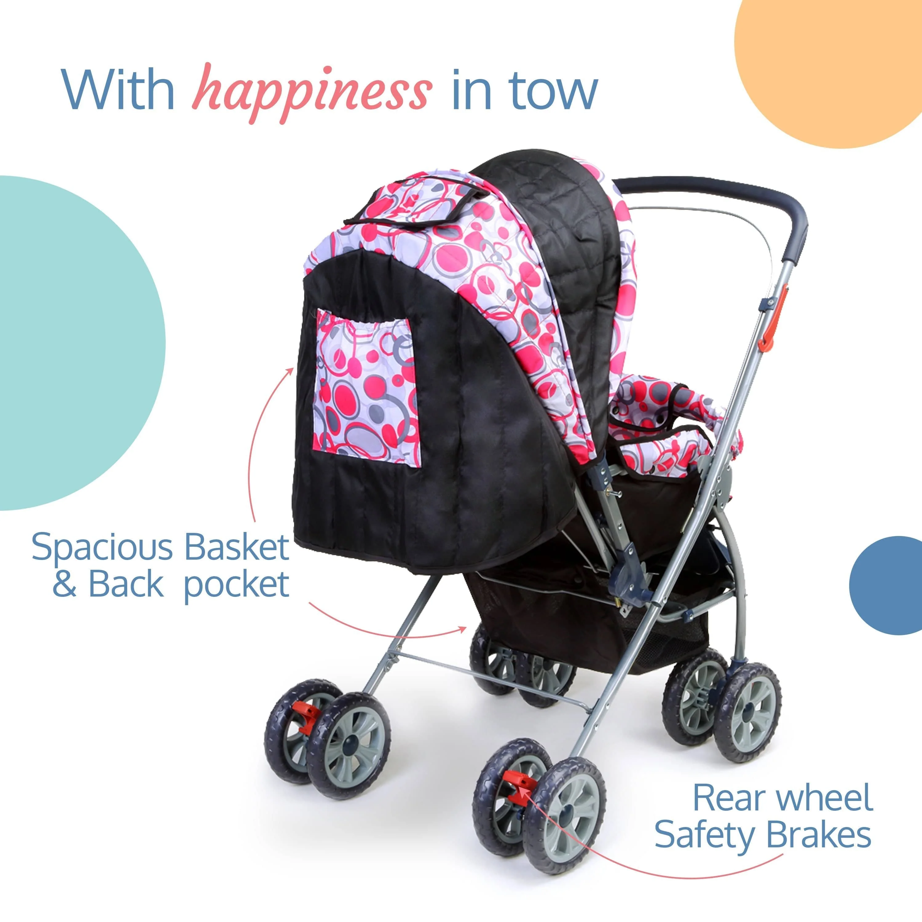 Starshine Baby Stroller / Pram for 0 to 3 Years, New Born / Toddler / Kid, Lightweight, Adjustable backrest, 360° Swivel Wheel, Large storage basket, Reversible Handlebar (Light Red) - Image 6