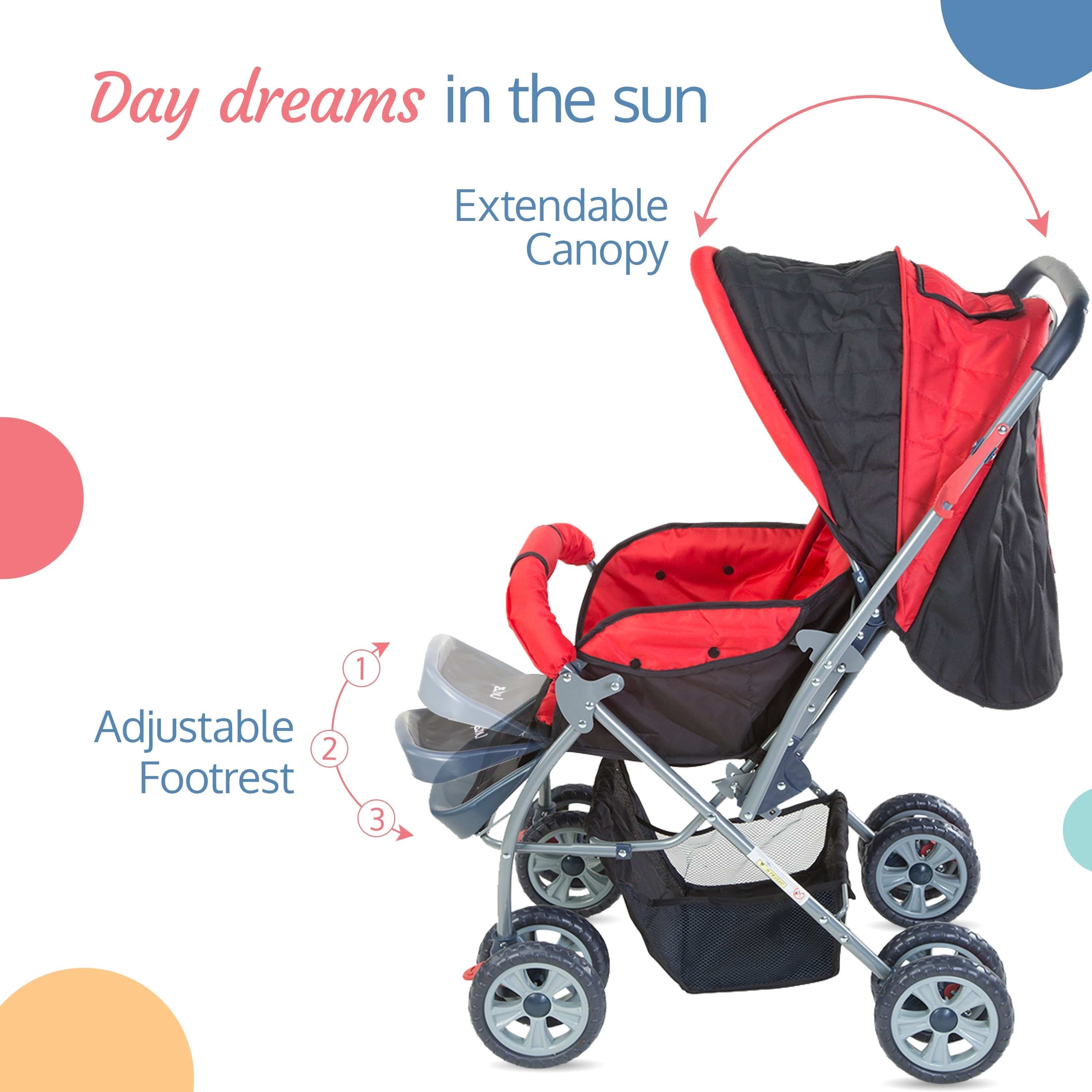 Starshine Baby Stroller/Pram for 0 to 3 Years, New Born/Toddler/Kid, Lightweight, Adjustable backrest, 360° Swivel Wheel, Large Storage Basket, Reversible Handlebar (Red) - Image 4