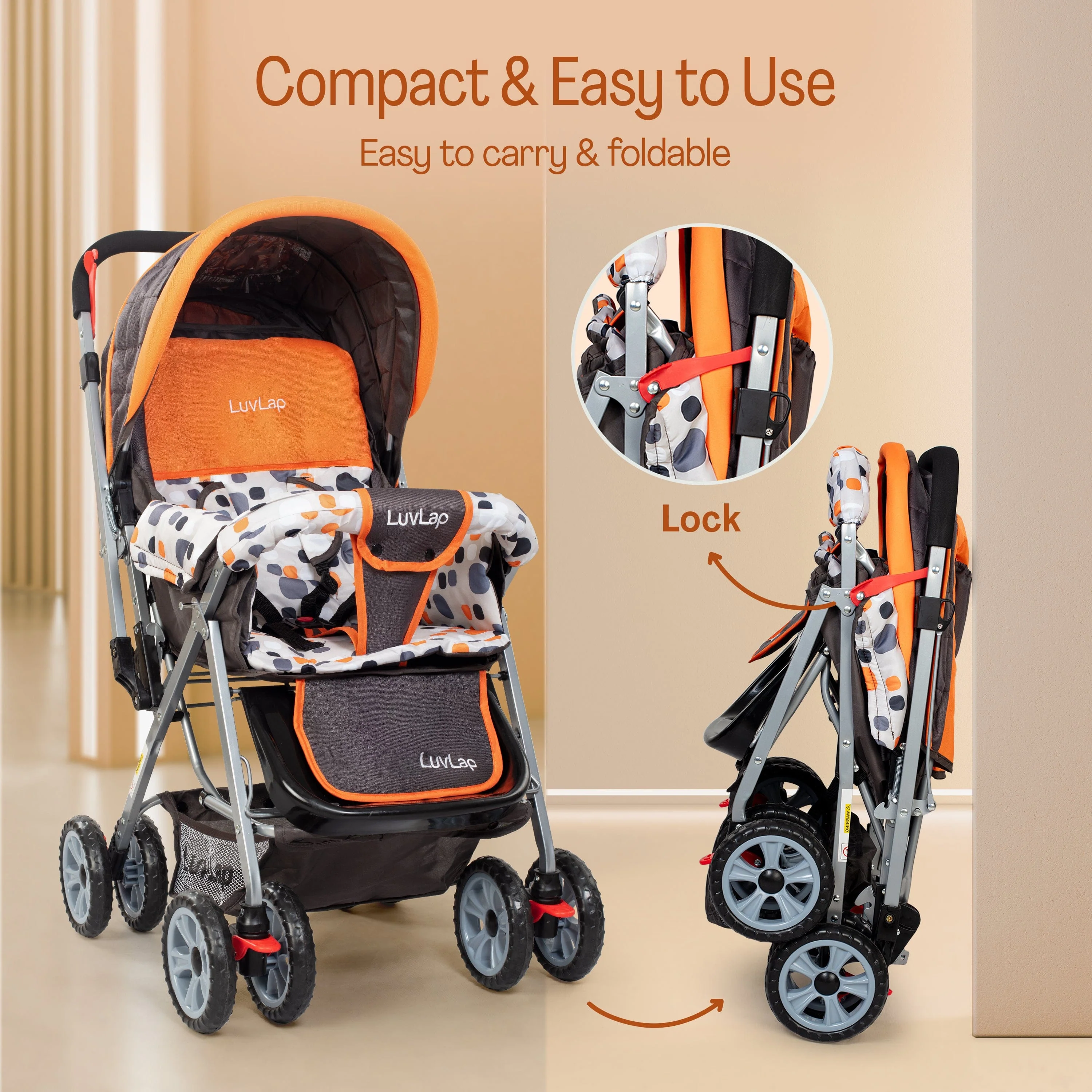 Sunshine Baby Stroller/Pram for 0 to 3 Years, New Born/Toddler/Kid, 5 Point Safety Harness, Adjustable backrest, 360° Swivel Wheel, Large Storage Basket, Reversible Handlebar (Orange) - Image 8