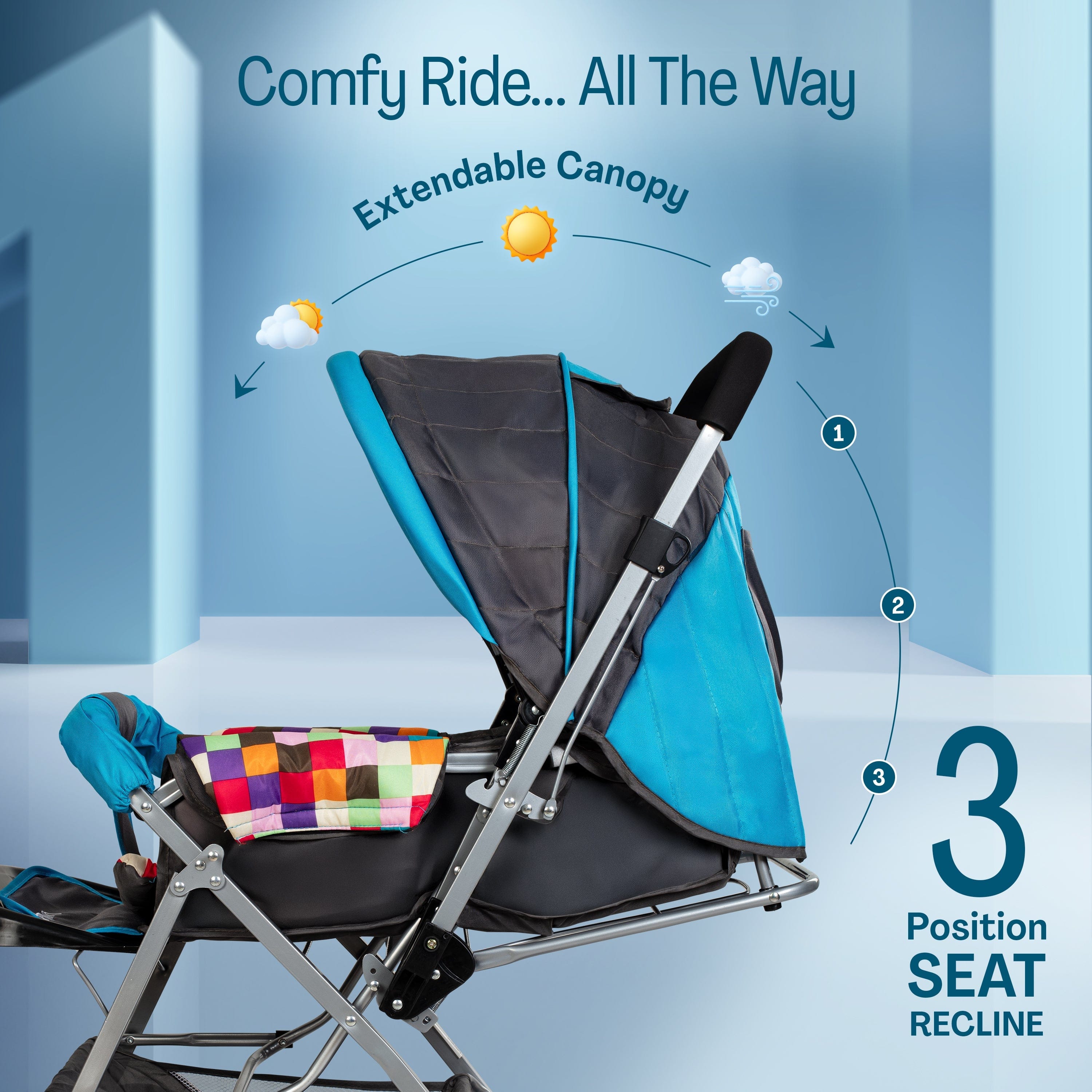 Sunshine Stroller/Pram, Easy Fold, for Newborn Baby/Kids, 0-3 Years (Teal) - Image 14