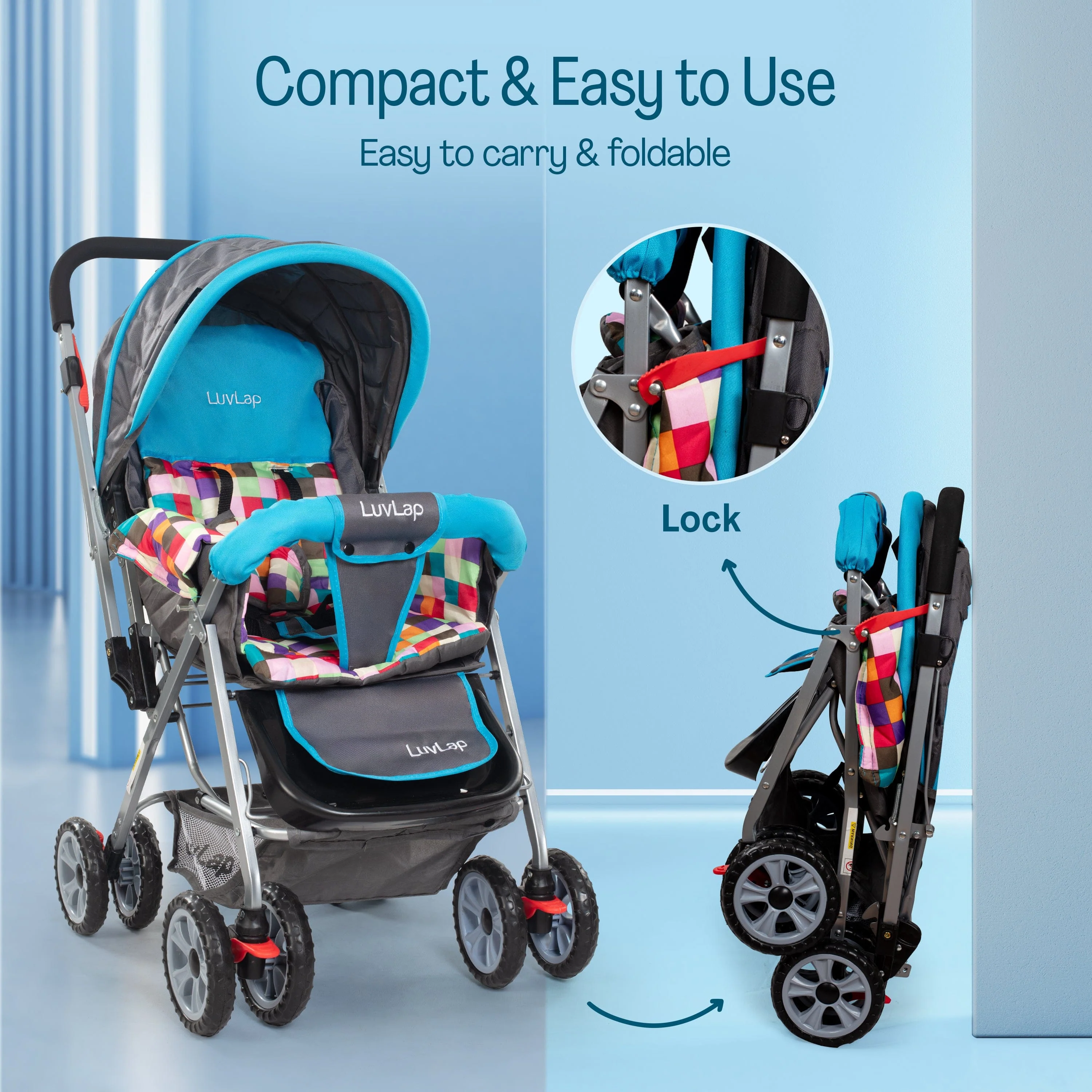 Sunshine Stroller/Pram, Easy Fold, for Newborn Baby/Kids, 0-3 Years (Teal) - Image 8