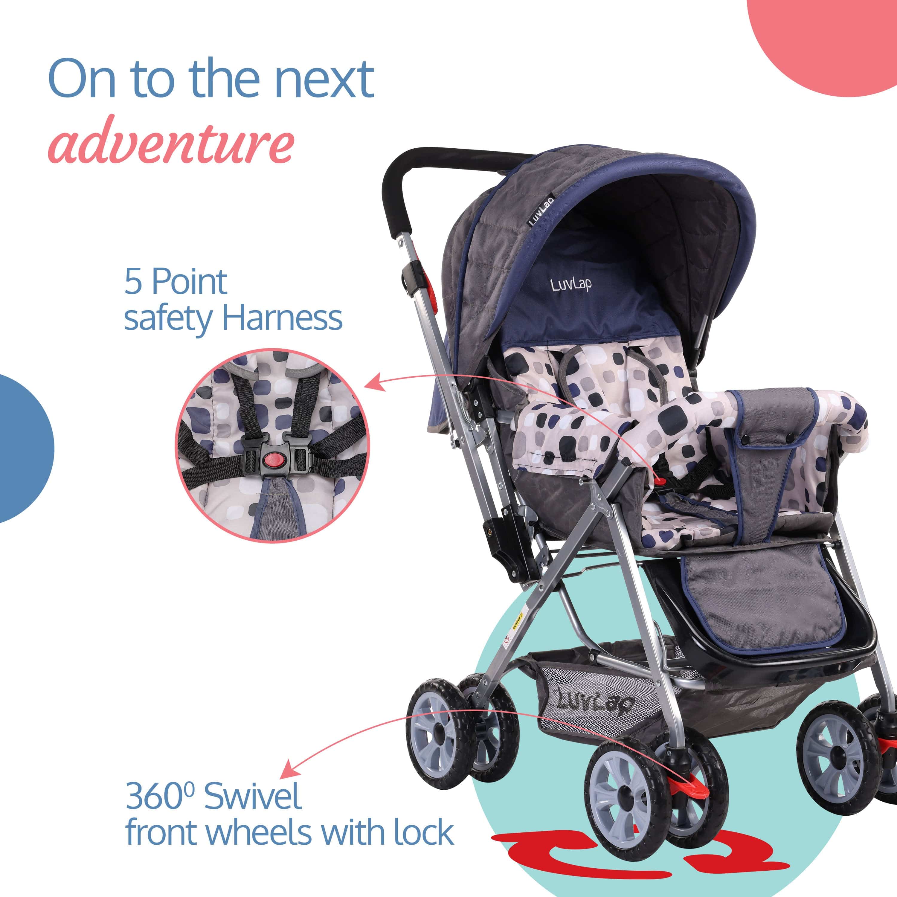 Sunshine Baby Stroller/Pram for 0 to 3 Years, New Born/Toddler/Kid, 5 Point Safety Harness, Adjustable backrest, 360° Swivel Wheel, Large Storage Basket, Reversible Handlebar(Navy Blue) - Image 5
