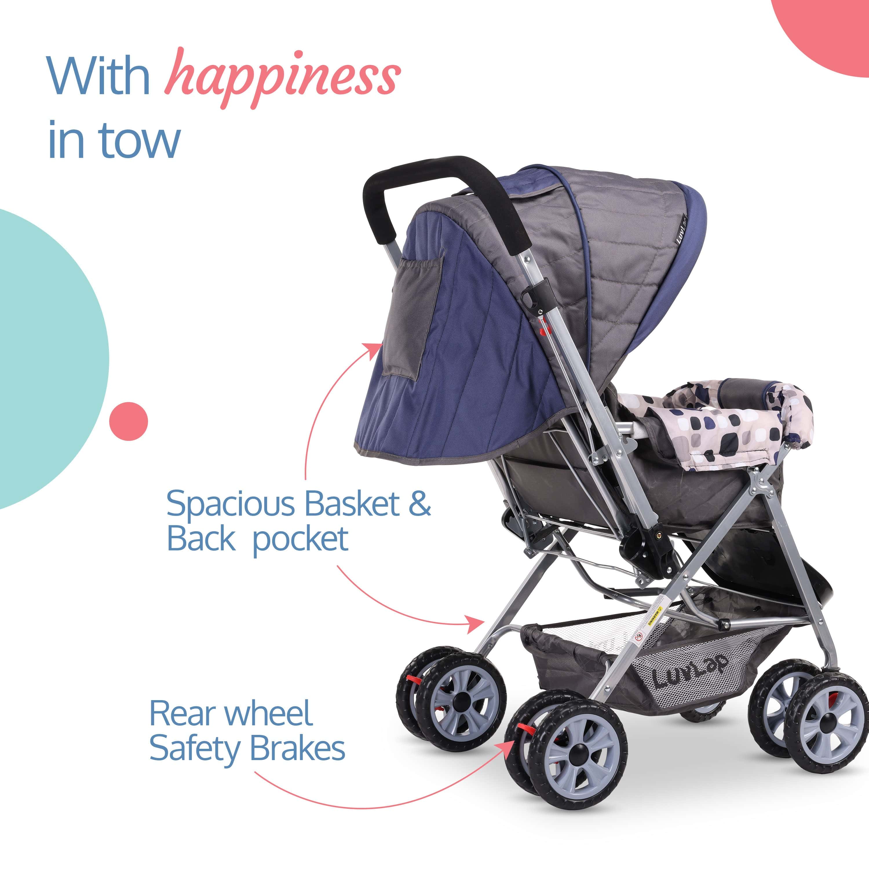 Sunshine Baby Stroller/Pram for 0 to 3 Years, New Born/Toddler/Kid, 5 Point Safety Harness, Adjustable backrest, 360° Swivel Wheel, Large Storage Basket, Reversible Handlebar(Navy Blue) - Image 6