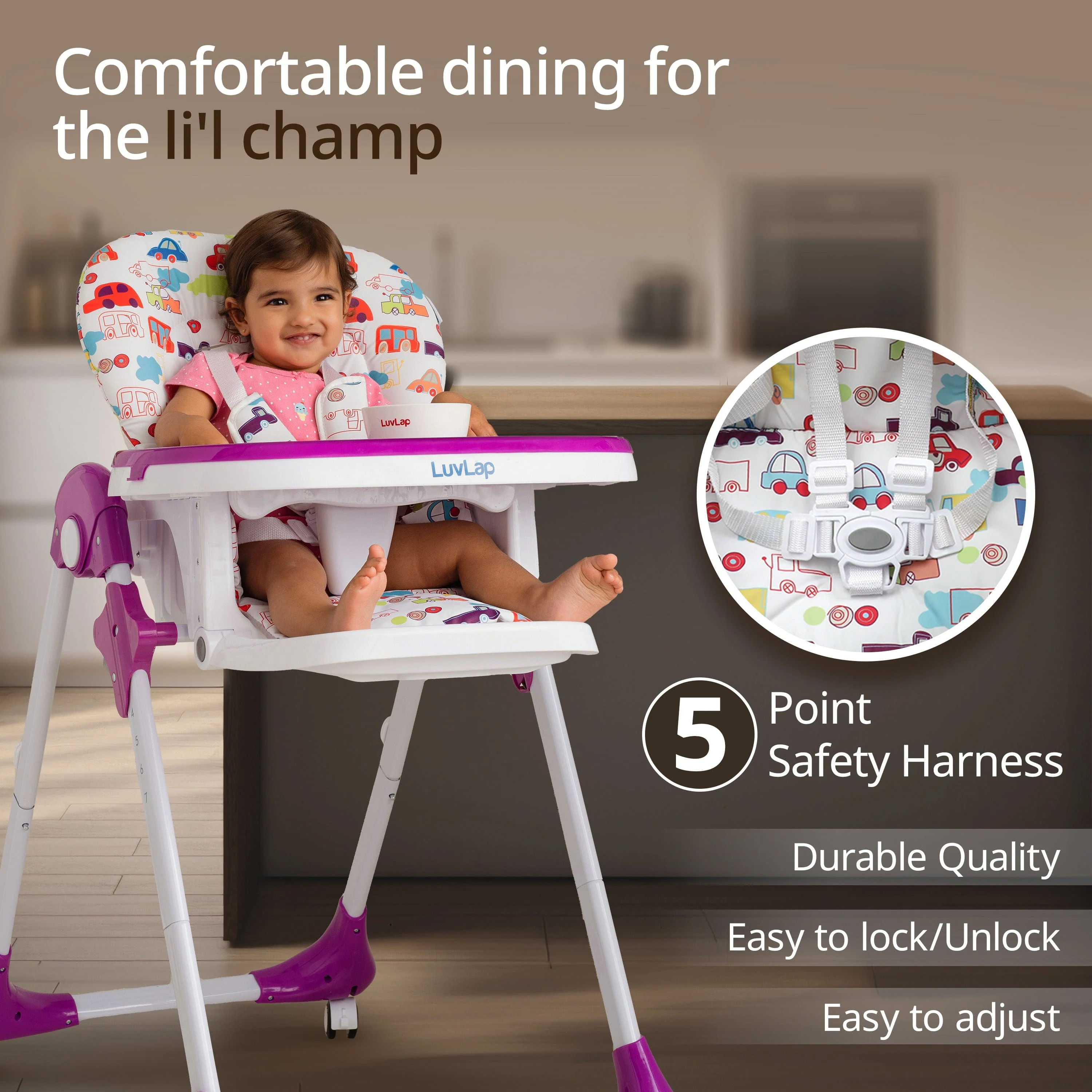 Royal High Chair for Baby, En 71 Certified, 3 Position Recline, Baby Feeding Chair with 7 Level Height Adjustment, Adjustable Footrest, 6 Months+ (Purple) - Image 4