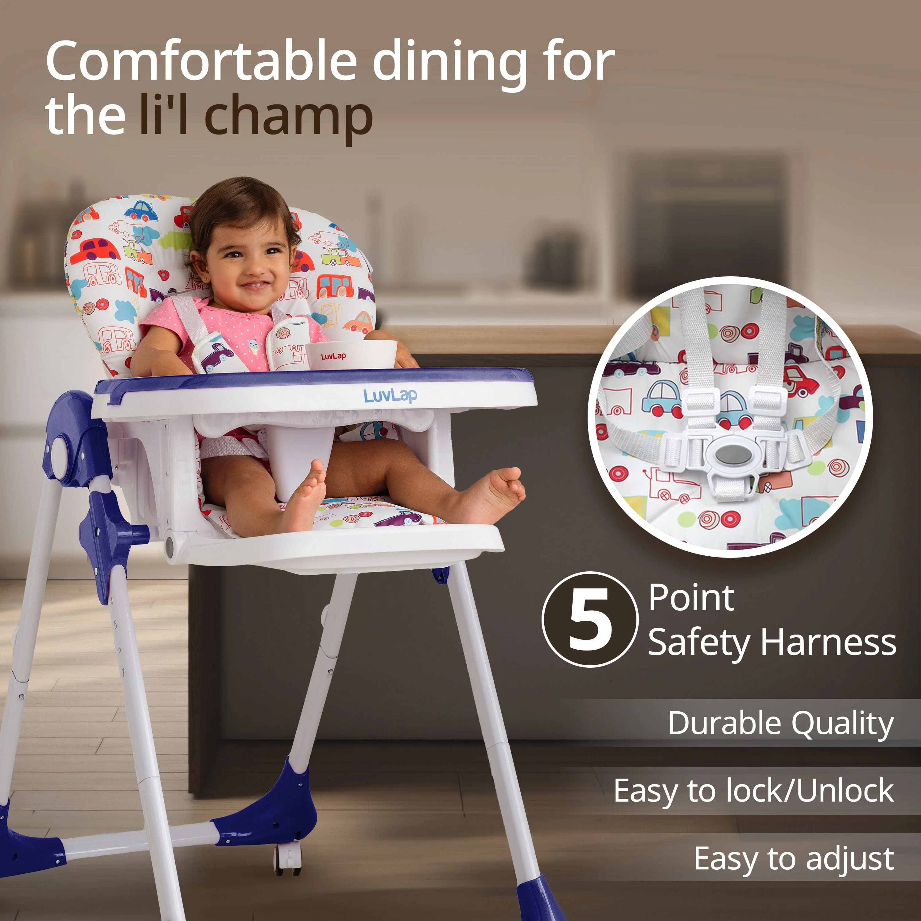 Royal High Chair for Baby, EN 71 Certified, 3 Position Recline, Baby Feeding Chair with 7 Level Height Adjustment, Adjustable Footrest, 6 Months+ (Blue) - Image 4